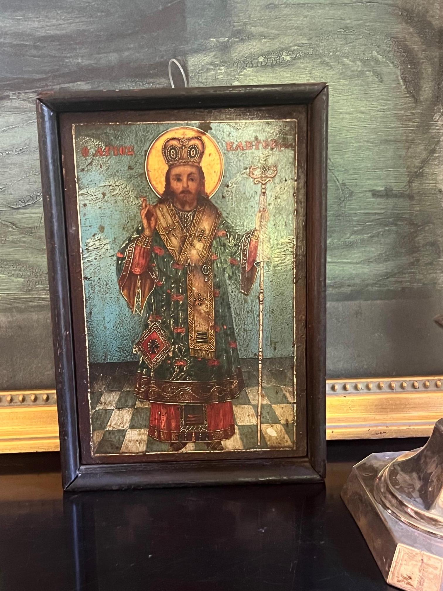 Antique Framed Icon Painted on Wood With Gilt Accents For Sale 6