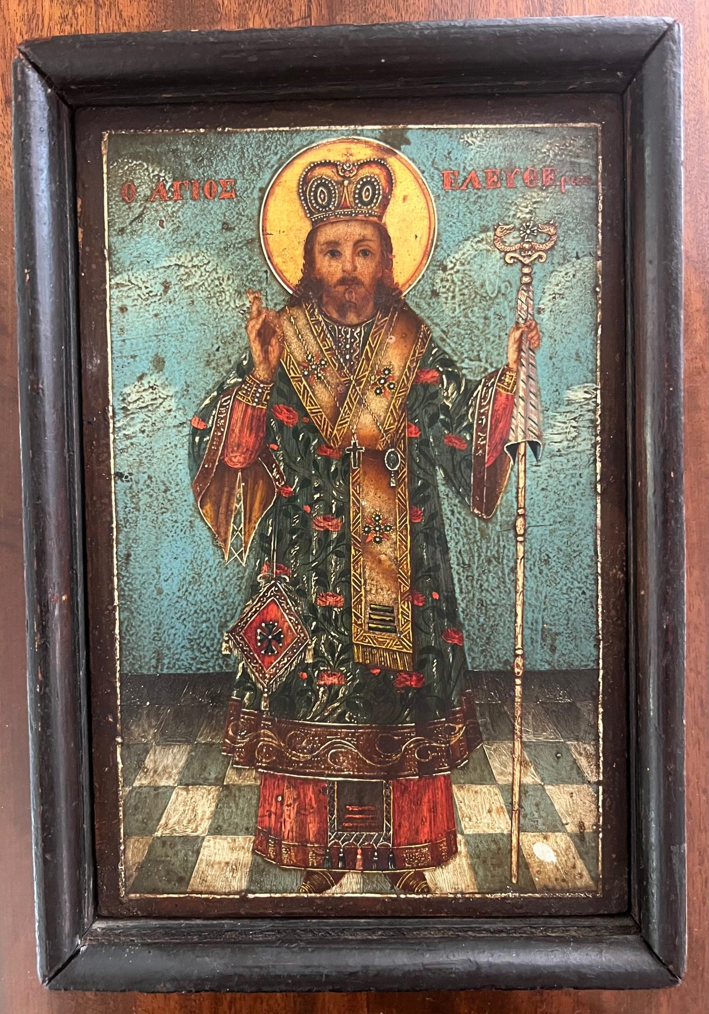 Russian Antique Framed Icon Painted on Wood With Gilt Accents For Sale
