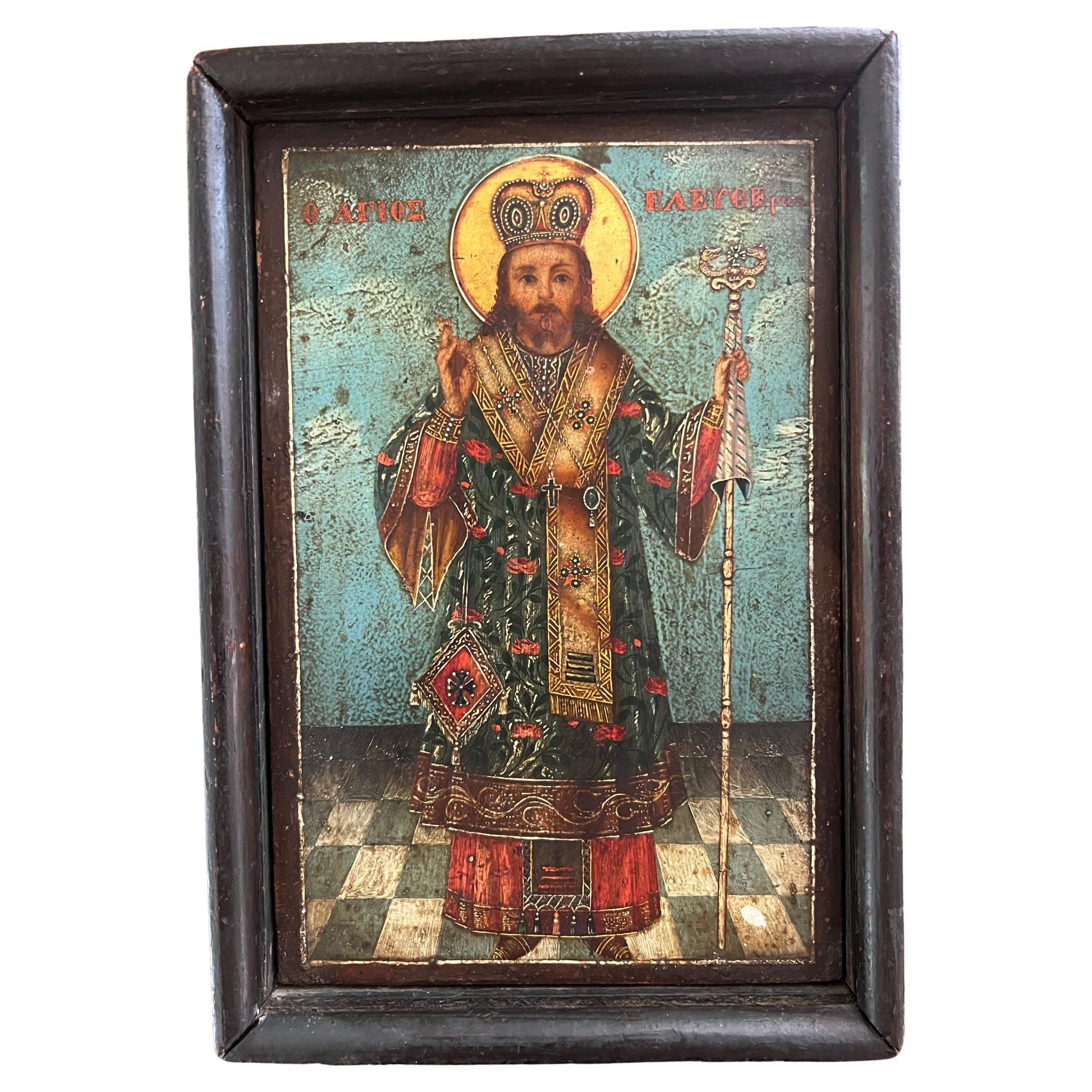 Antique Framed Icon Painted on Wood With Gilt Accents