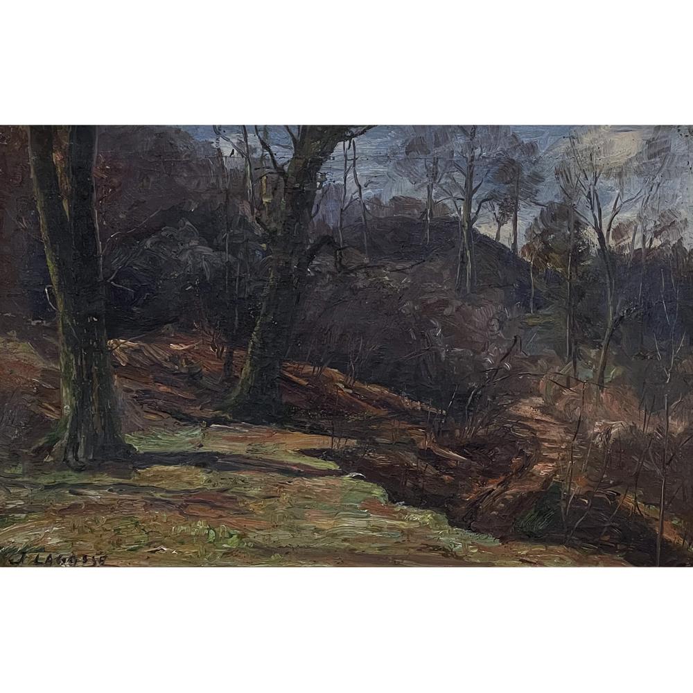 Antique framed impressionist oil painting on canvas by Joseph Lagasse (1878-1962) is another splendid work by the artist in the landscape genre, wherein Lagasse has demonstrated his skill in using hues of color to depict natural beauty, perspective