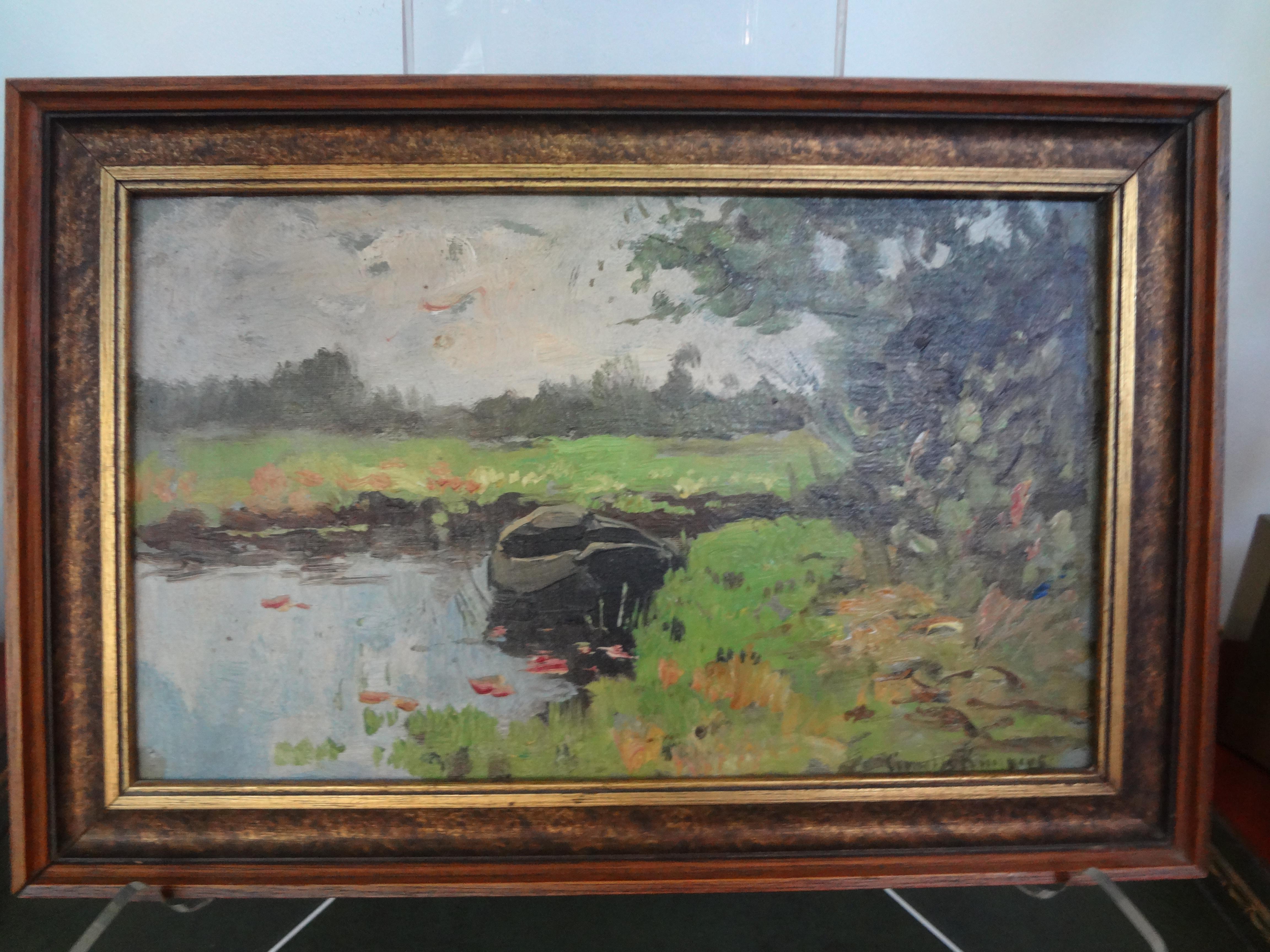 Antique Framed Impressionist Oil Painting on Board For Sale 3