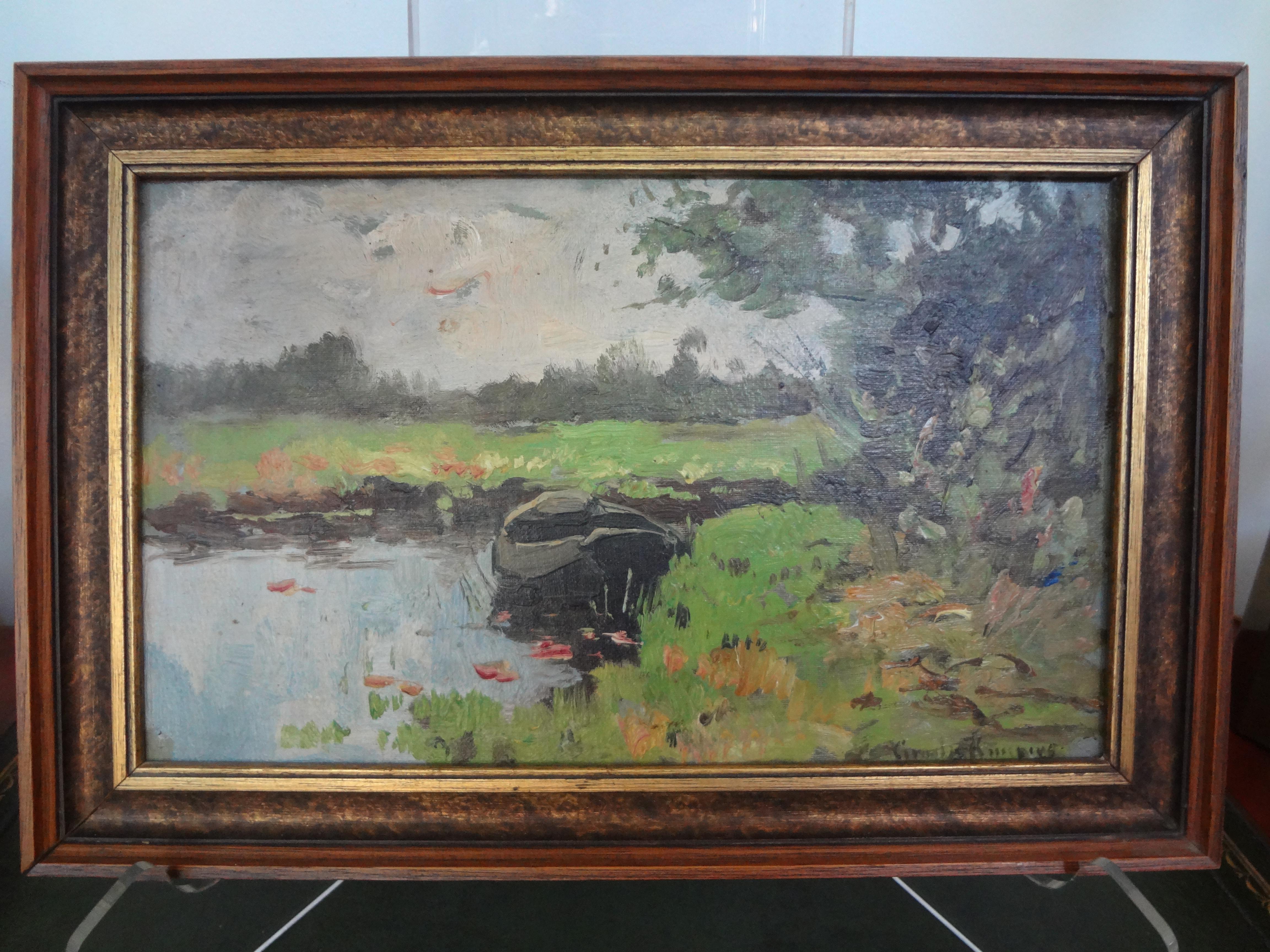 Antique framed impressionist oil painting on board.
Lovely artist signed antique framed impressionist oil painting on board. This beauty depicts a lake scene with a boat and beautiful flora.
This well executed painting is signed but unfortunately
