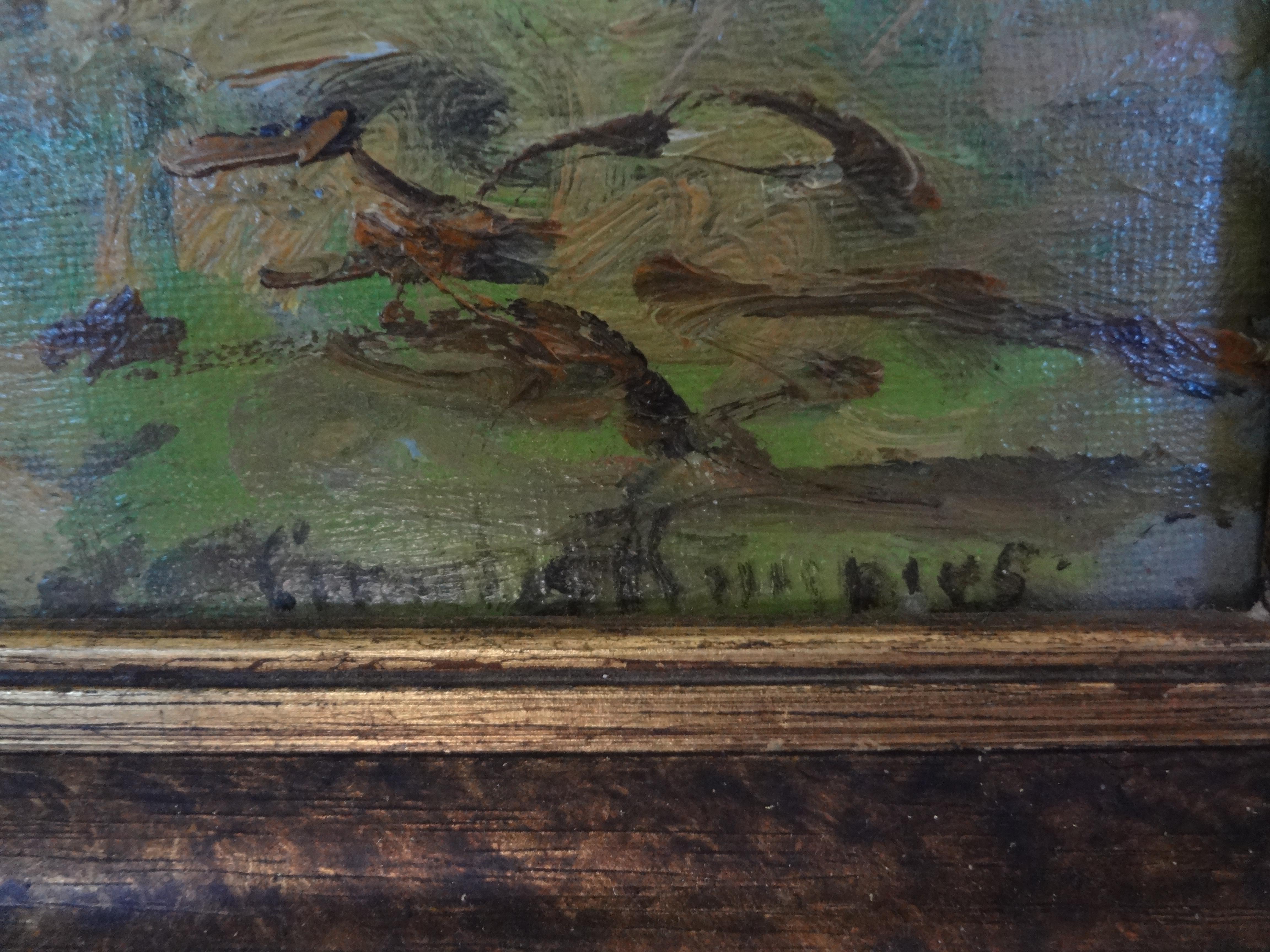 Antiguo cuadro impresionista al óleo sobre tabla enmarcado Escuela de Barbizon en venta