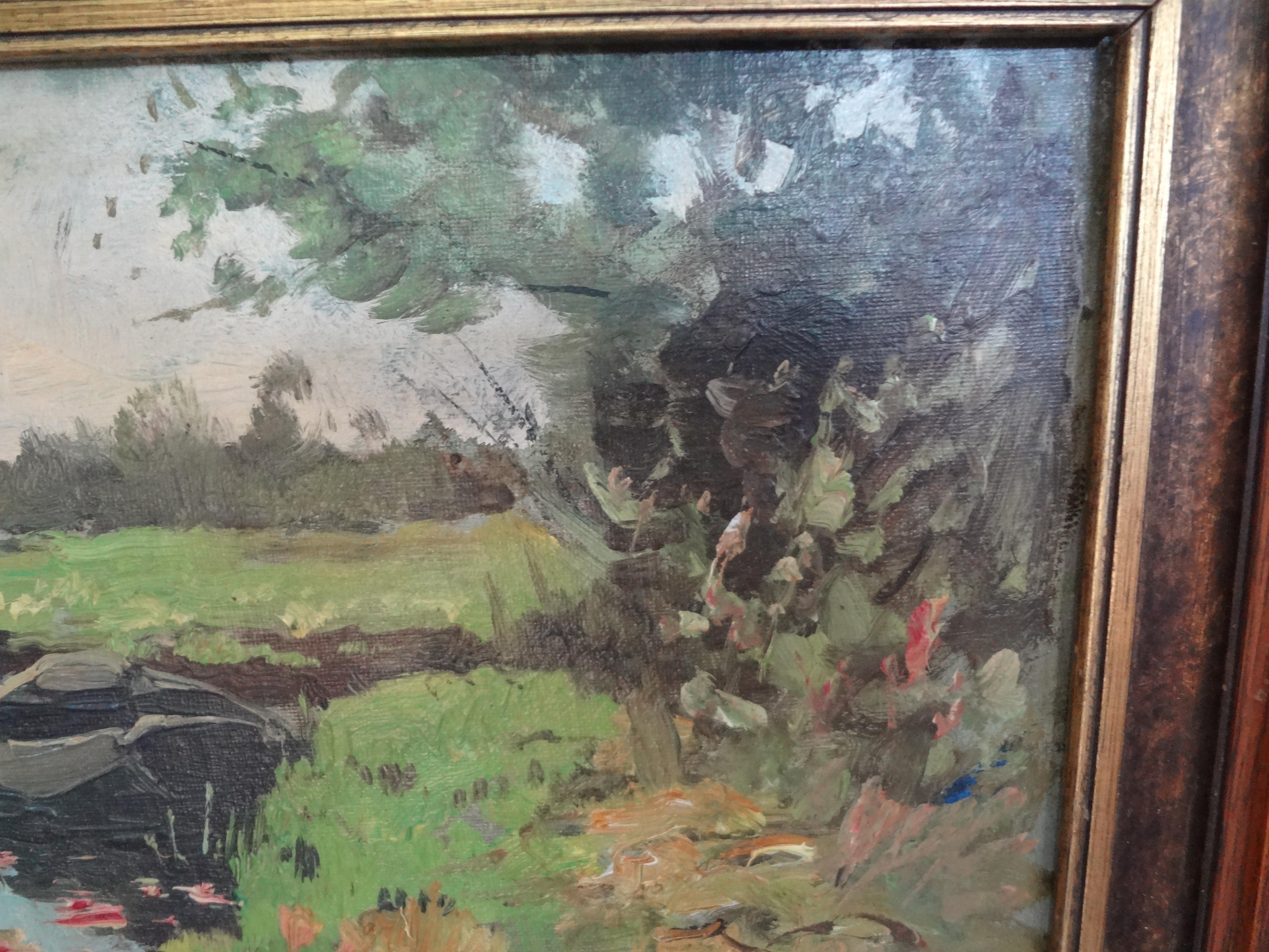 Painted Antique Framed Impressionist Oil Painting on Board For Sale