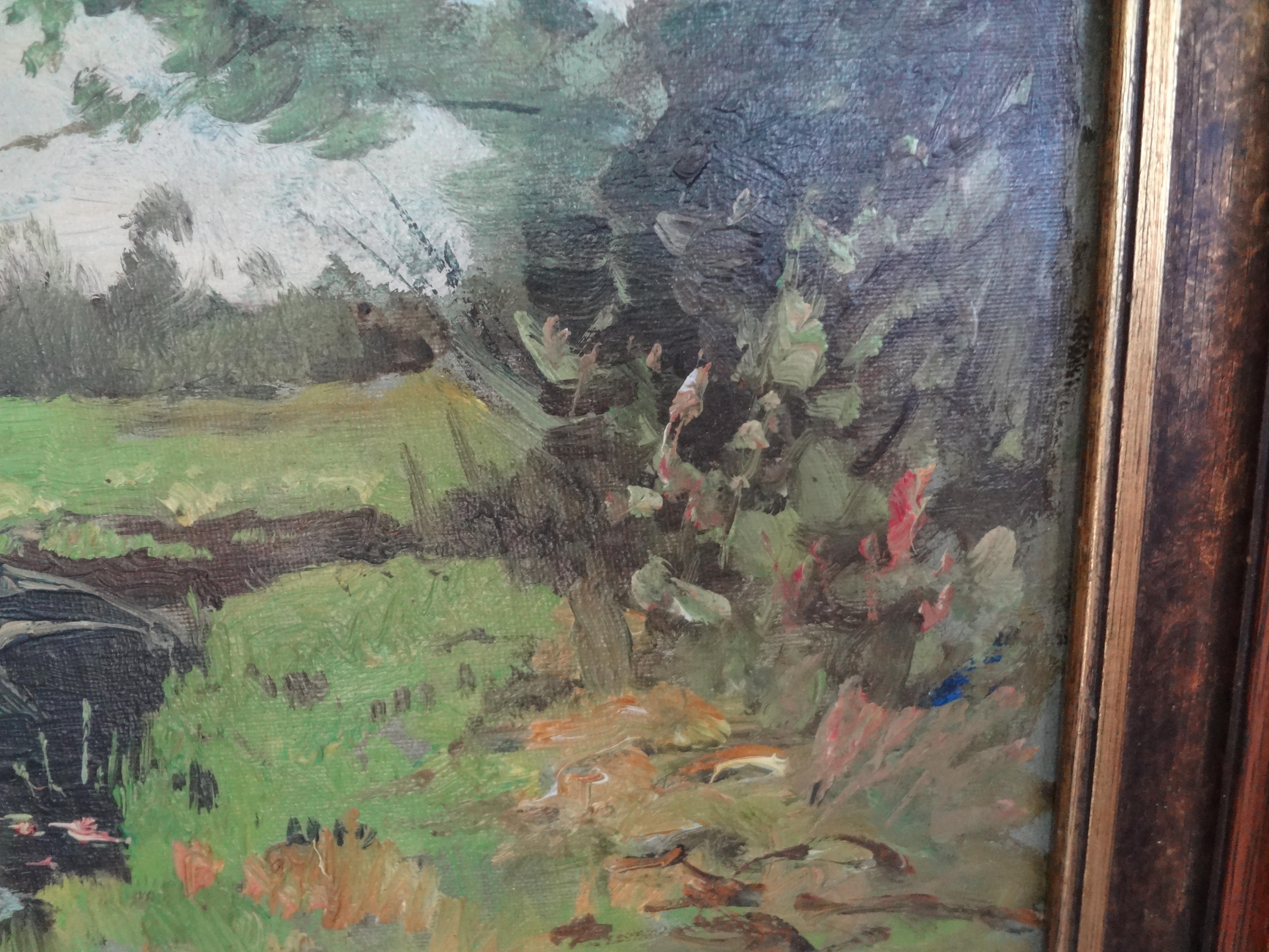 Antiguo cuadro impresionista al óleo sobre tabla enmarcado en venta 1