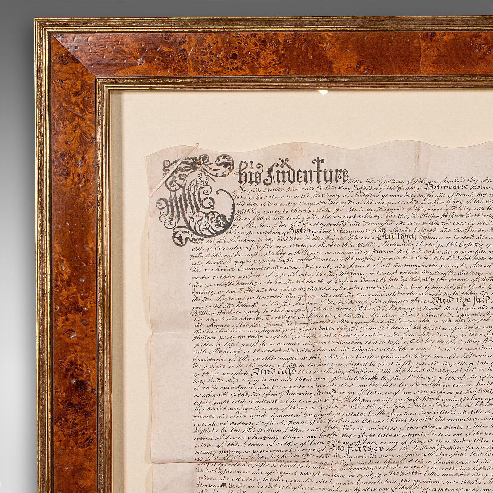 Antique Framed Indenture, English, Vellum, Document, 17th Century, Dated 1671 In Good Condition For Sale In Hele, Devon, GB