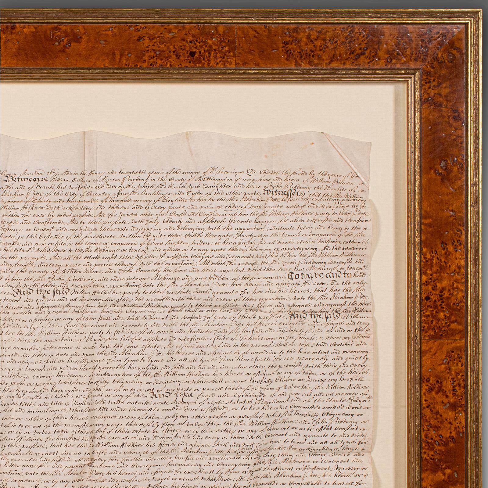 18th Century and Earlier Antique Framed Indenture, English, Vellum, Document, 17th Century, Dated 1671 For Sale
