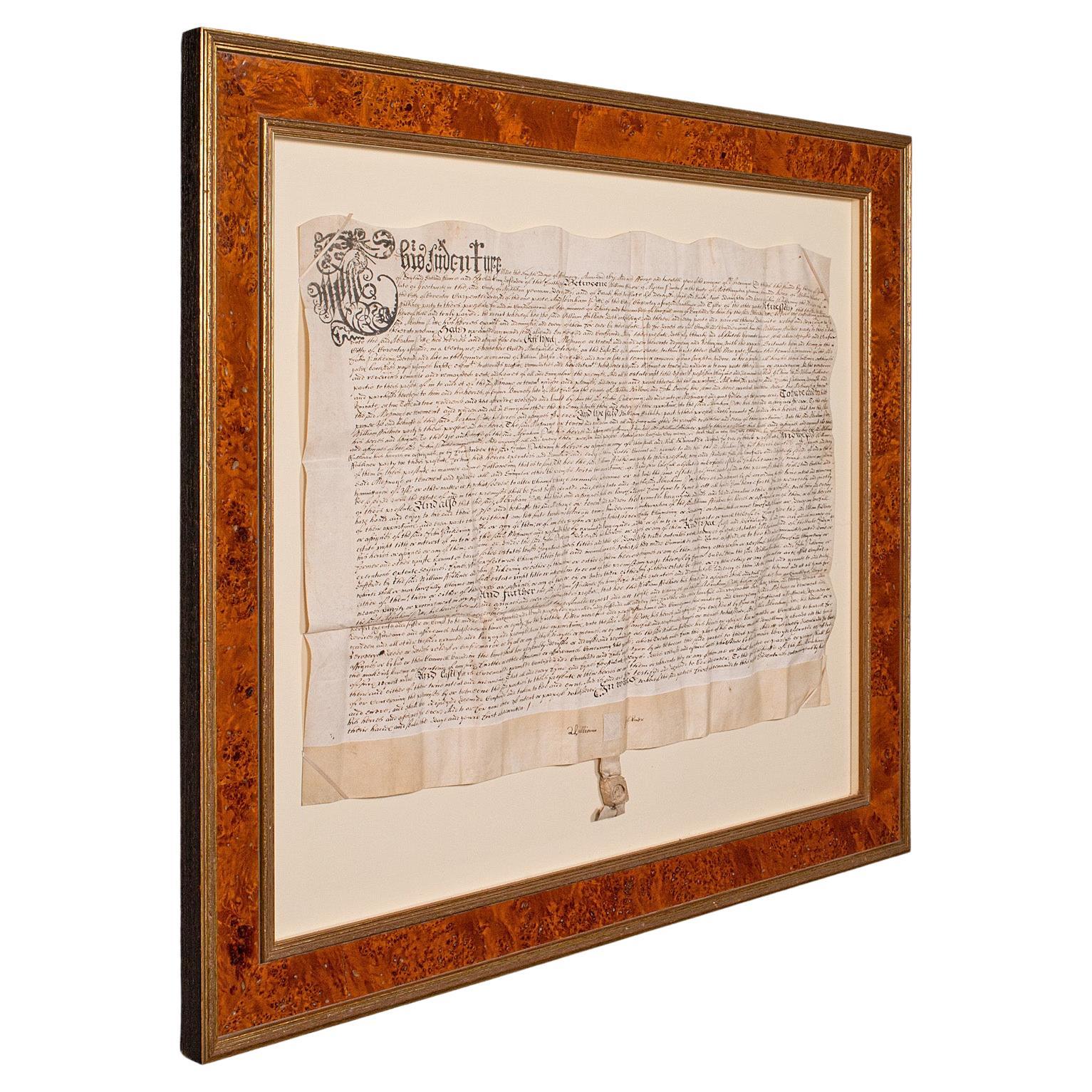 Antique Framed Indenture, English, Vellum, Document, 17th Century, Dated 1671 For Sale