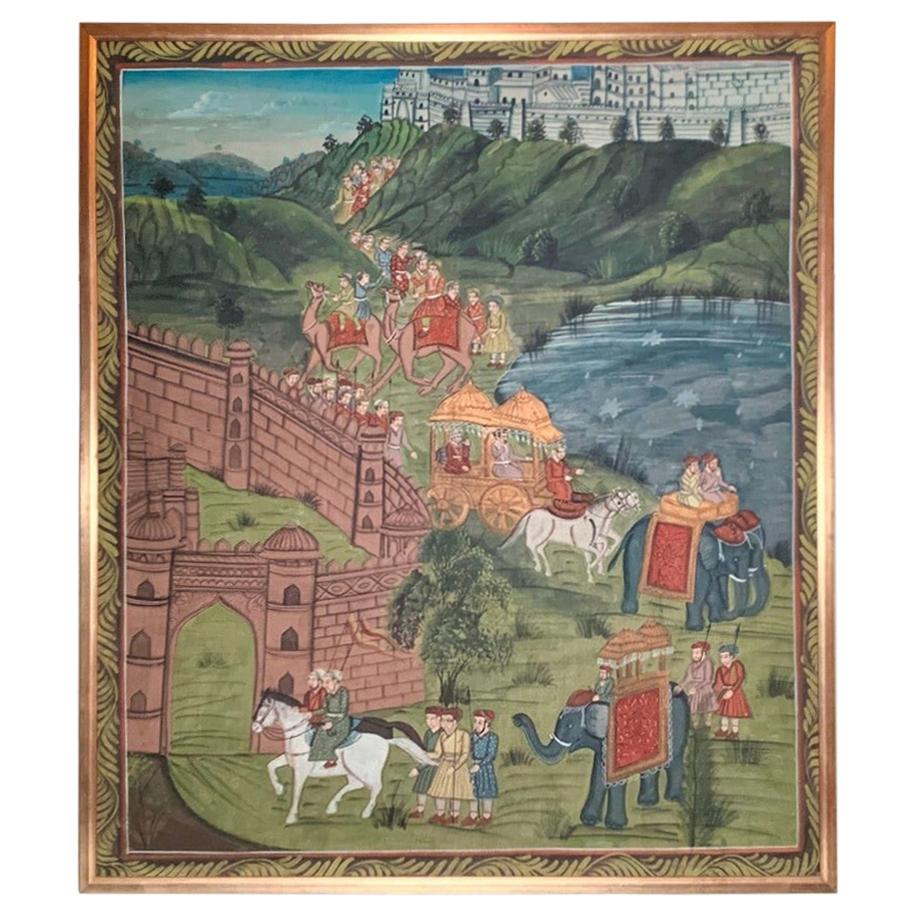 Antique Framed "Indian Folk Procession" Oil Painting on Linen