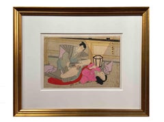 Antiker gerahmter japanischer Shunga-Holzschnitt mit dem Druck eines Paares, das Liebe macht