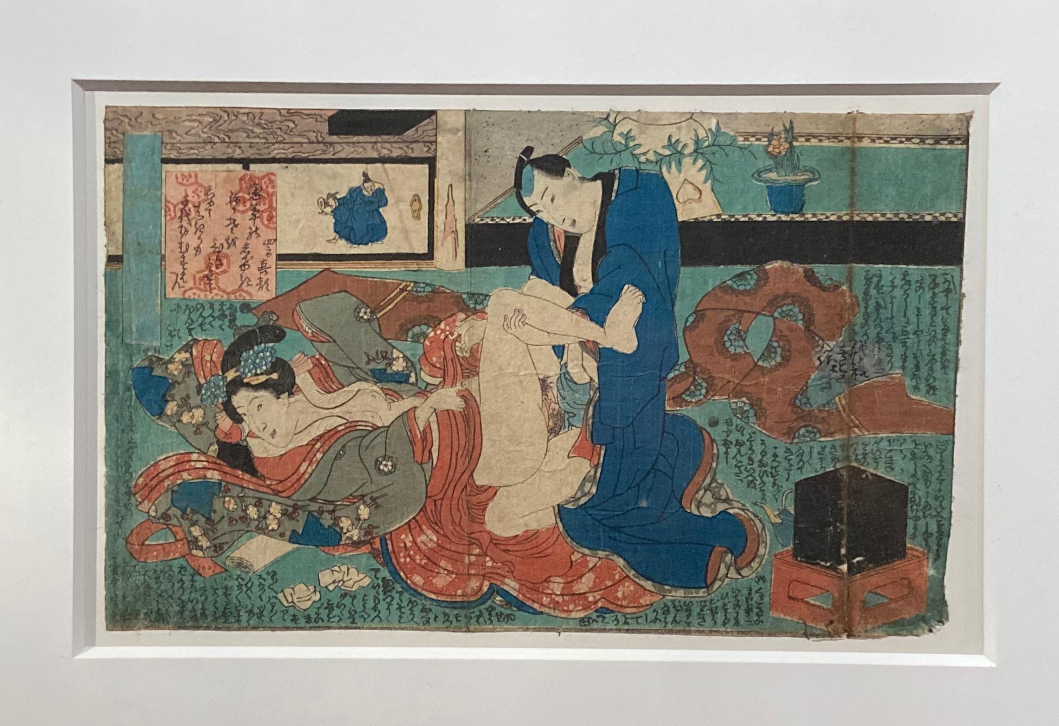 Antiker gerahmter japanischer Shunga-Holzschnitt mit dem Druck eines Paares, das Liebe macht im Zustand „Gut“ im Angebot in Yonkers, NY