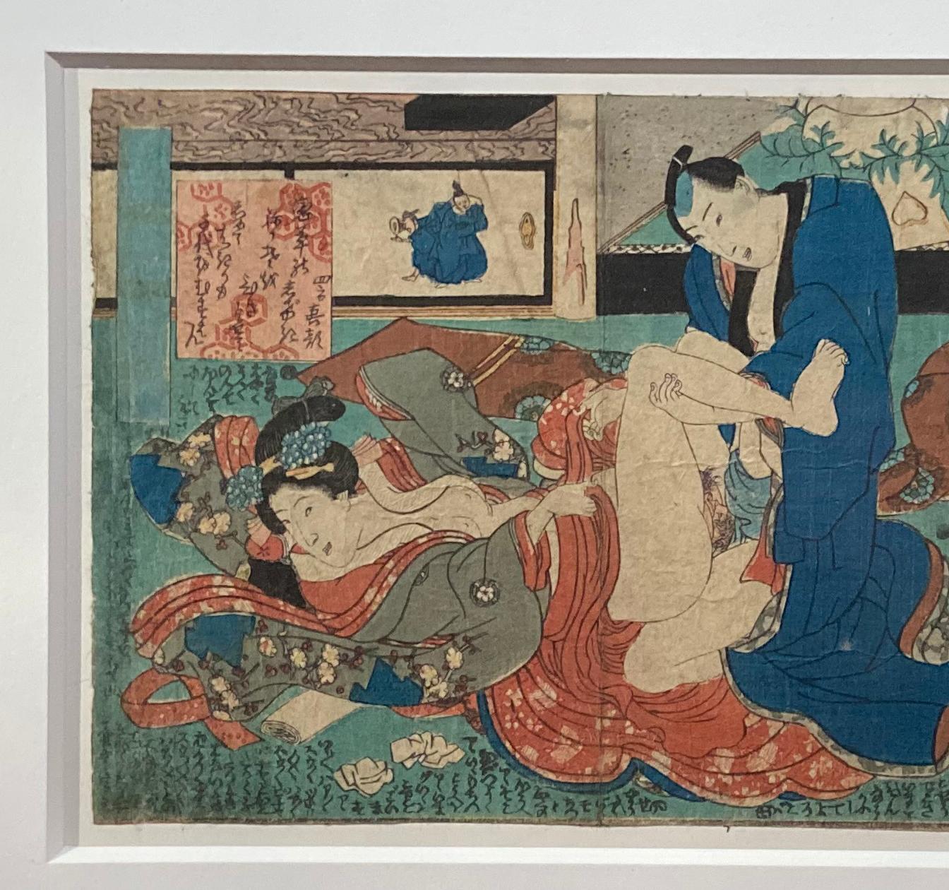 Antiker gerahmter japanischer Shunga-Holzschnitt mit dem Druck eines Paares, das Liebe macht (19. Jahrhundert) im Angebot