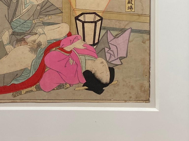 Glass Antique Framed Japanese Shunga Woodblock Print of a Couple Making Love For Sale
