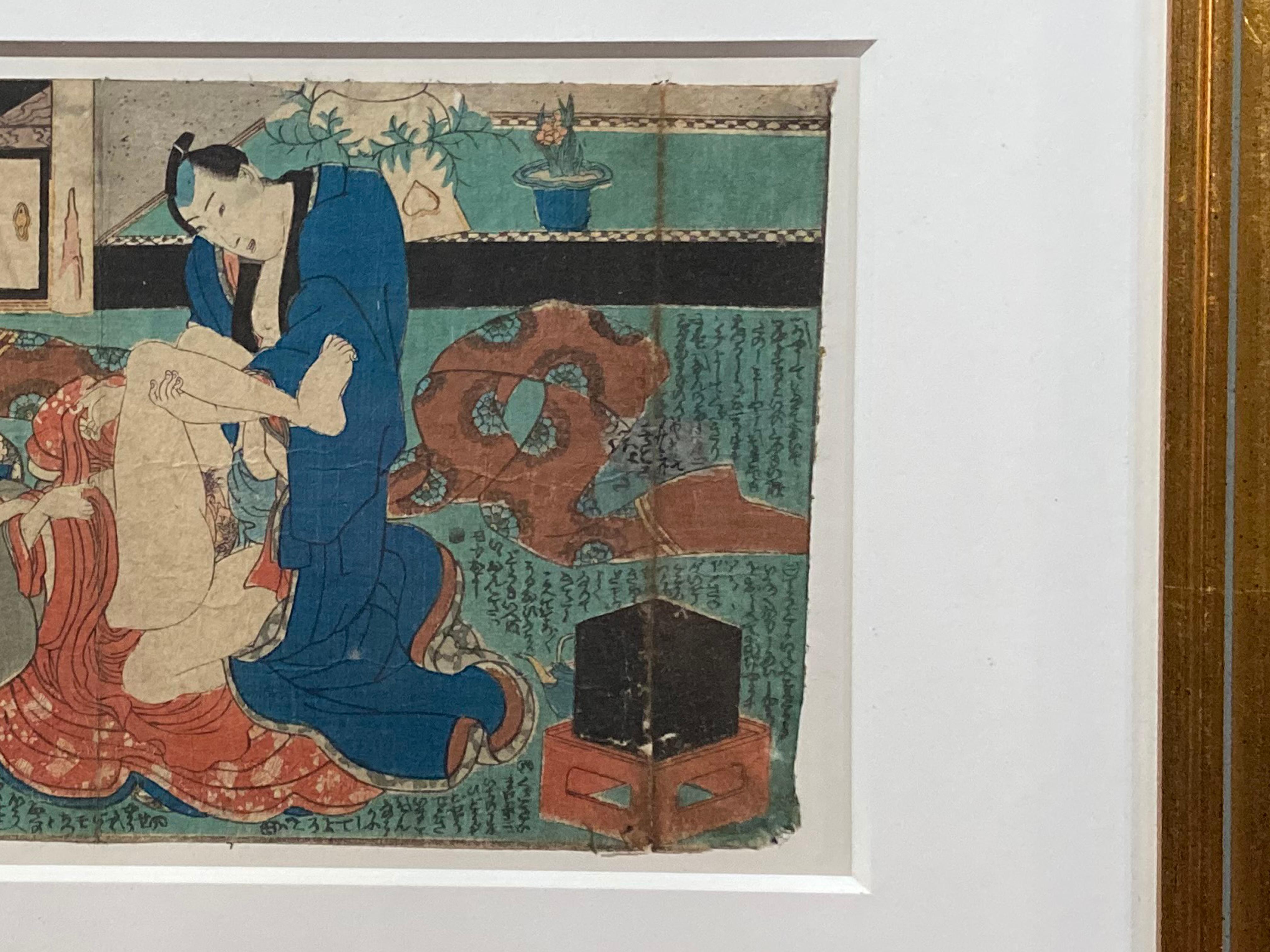 Antiker gerahmter japanischer Shunga-Holzschnitt mit dem Druck eines Paares, das Liebe macht im Angebot 1