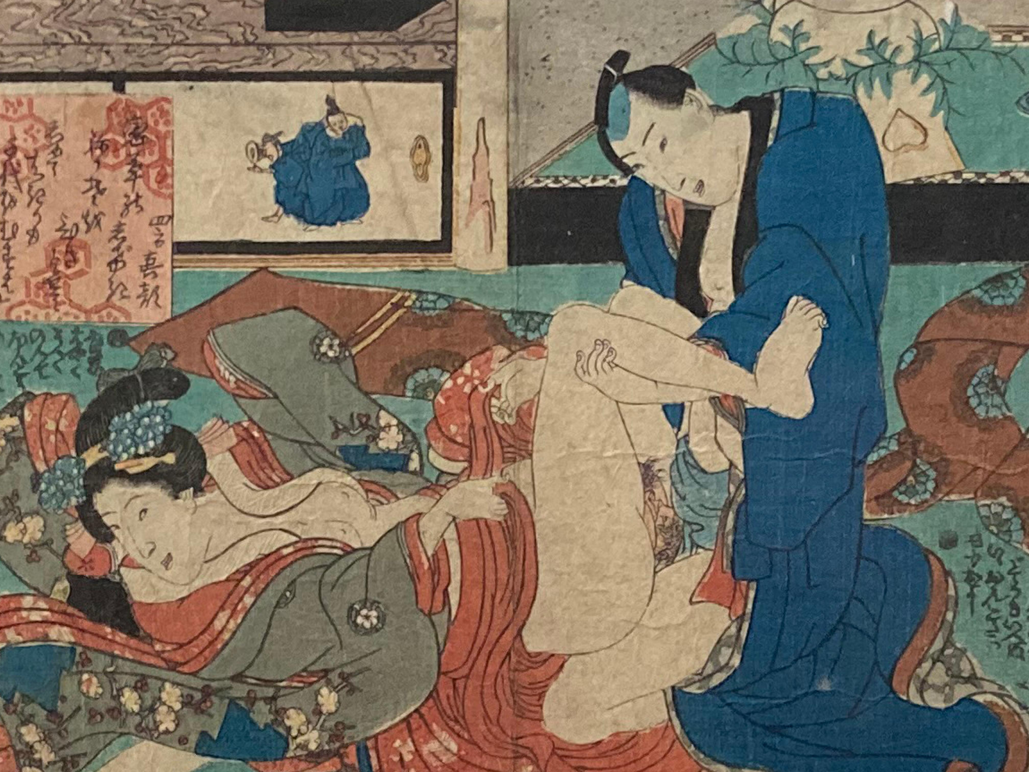 Antique Framed Japanese Shunga Woodblock Print of a Couple Making Love For Sale 2