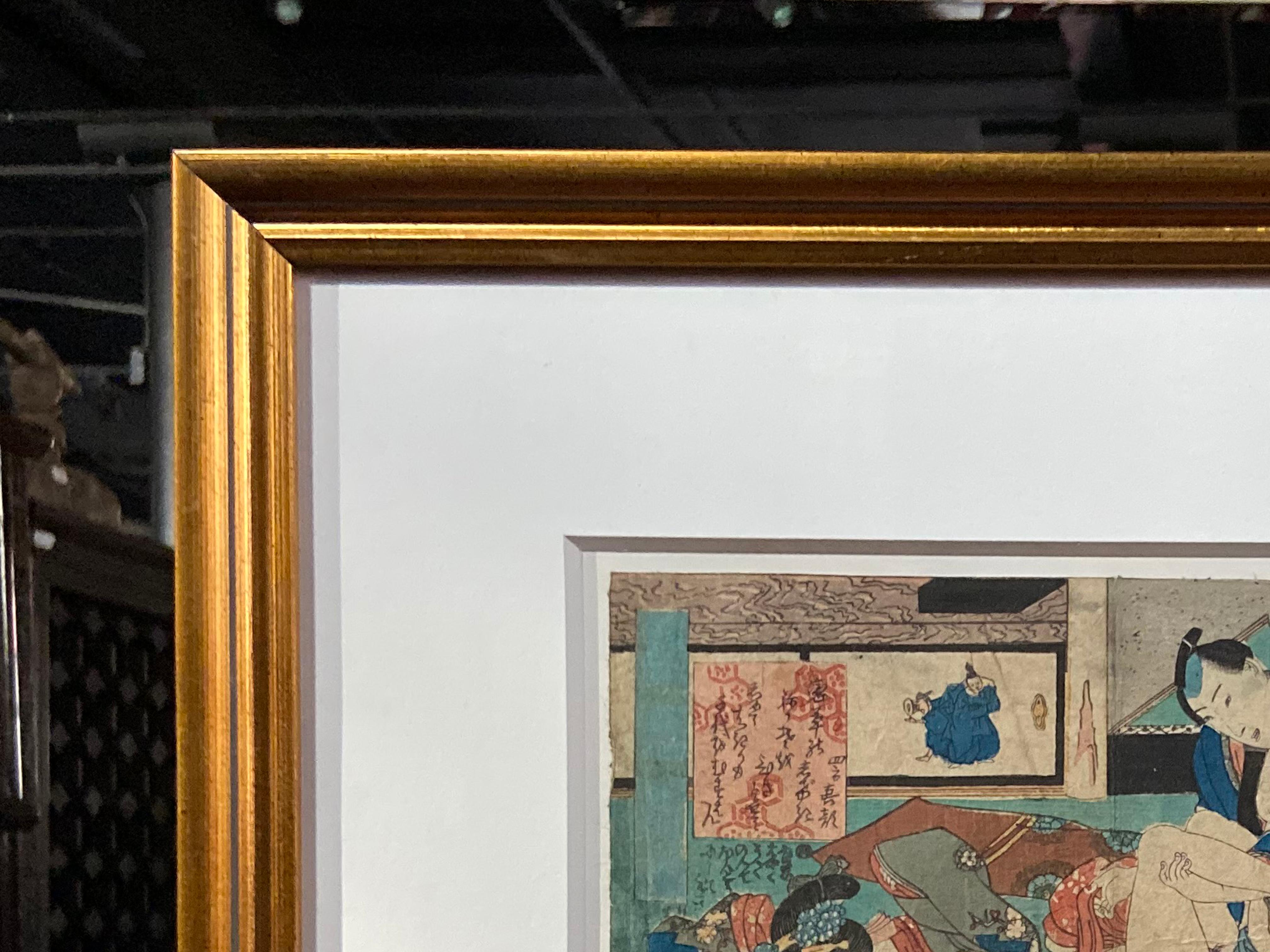 Antiker gerahmter japanischer Shunga-Holzschnitt mit dem Druck eines Paares, das Liebe macht im Angebot 3
