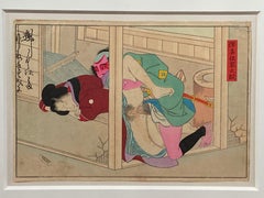 Antique Framed Japanese Shunga Woodblock Print of a Man and a Woman Making Love