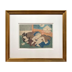Antique Framed Japanese Shunga Woodblock Print of Two Women Making Love