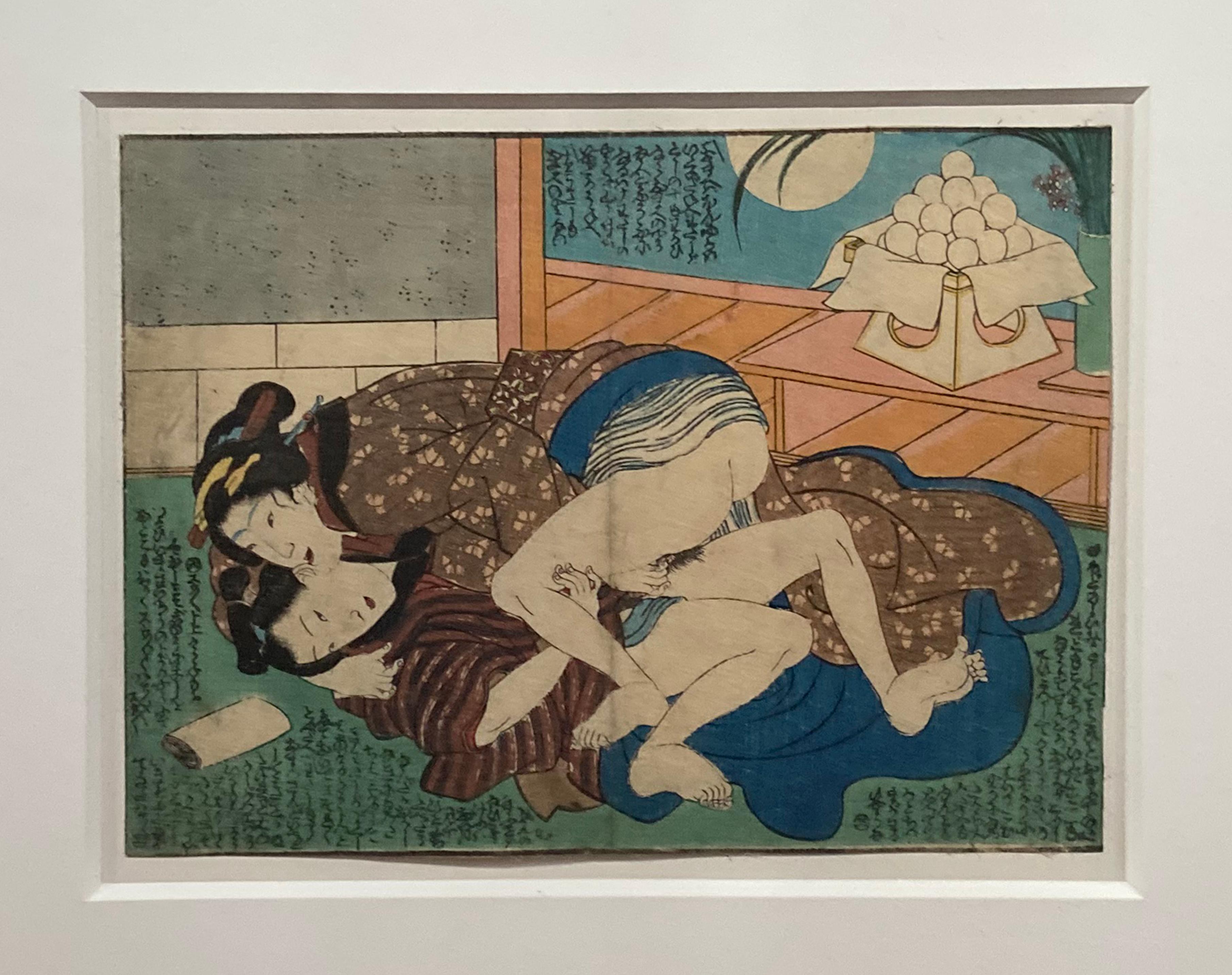 Antique Framed Japanese Shunga Woodblock Print of Two Women Making Love In Good Condition For Sale In Yonkers, NY