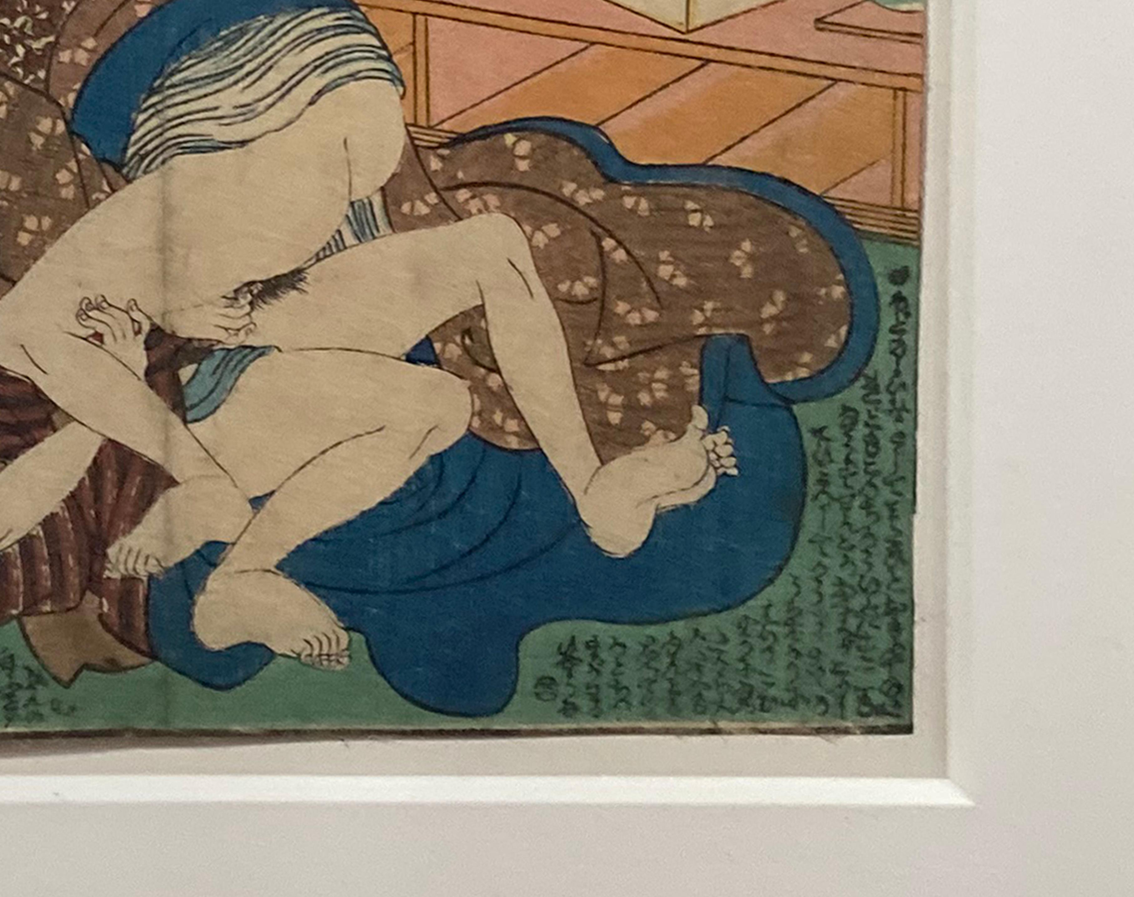 19th Century Antique Framed Japanese Shunga Woodblock Print of Two Women Making Love For Sale