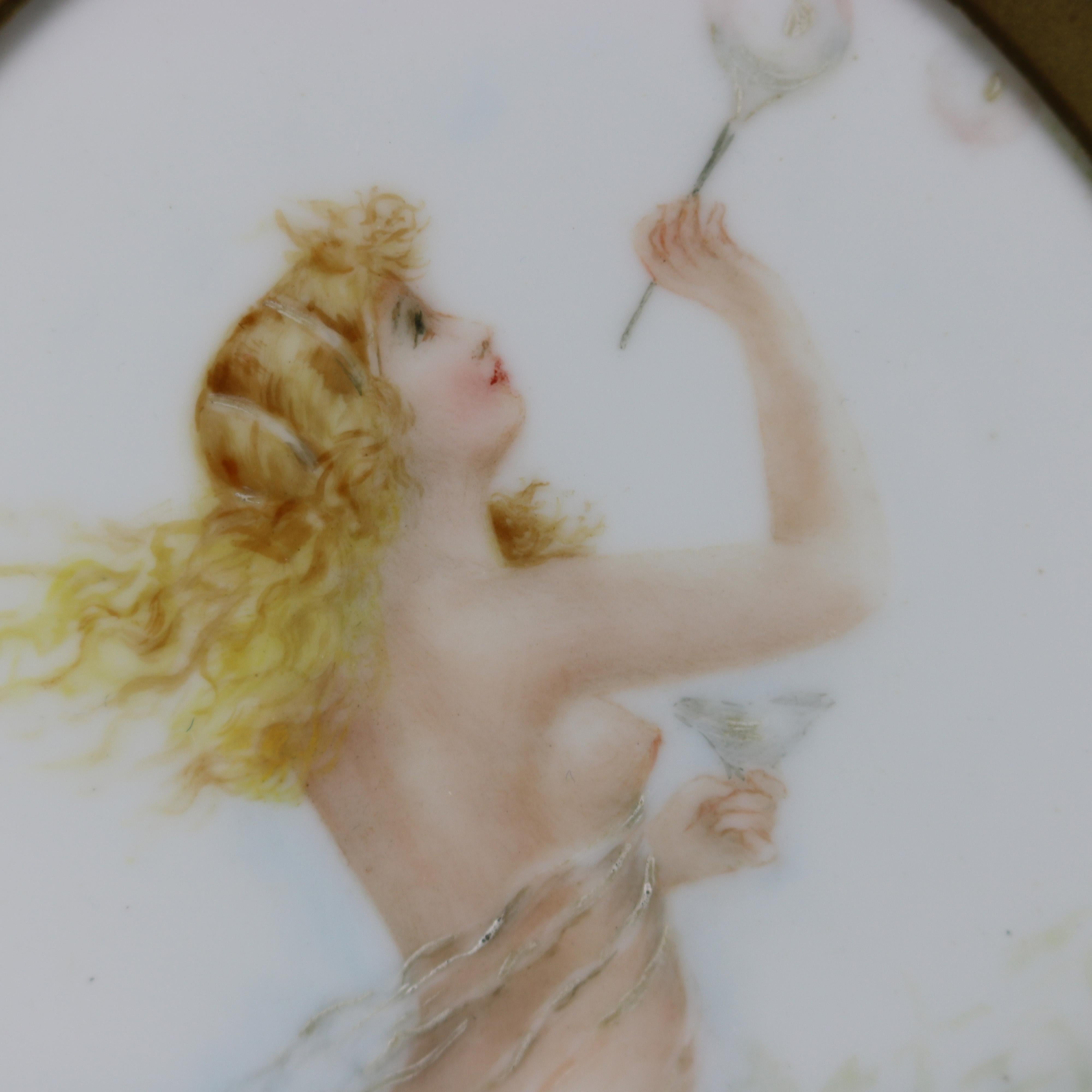 Victorian Antique Framed KPM School Painting on Porcelain of Woman with Bubbles circa 1890