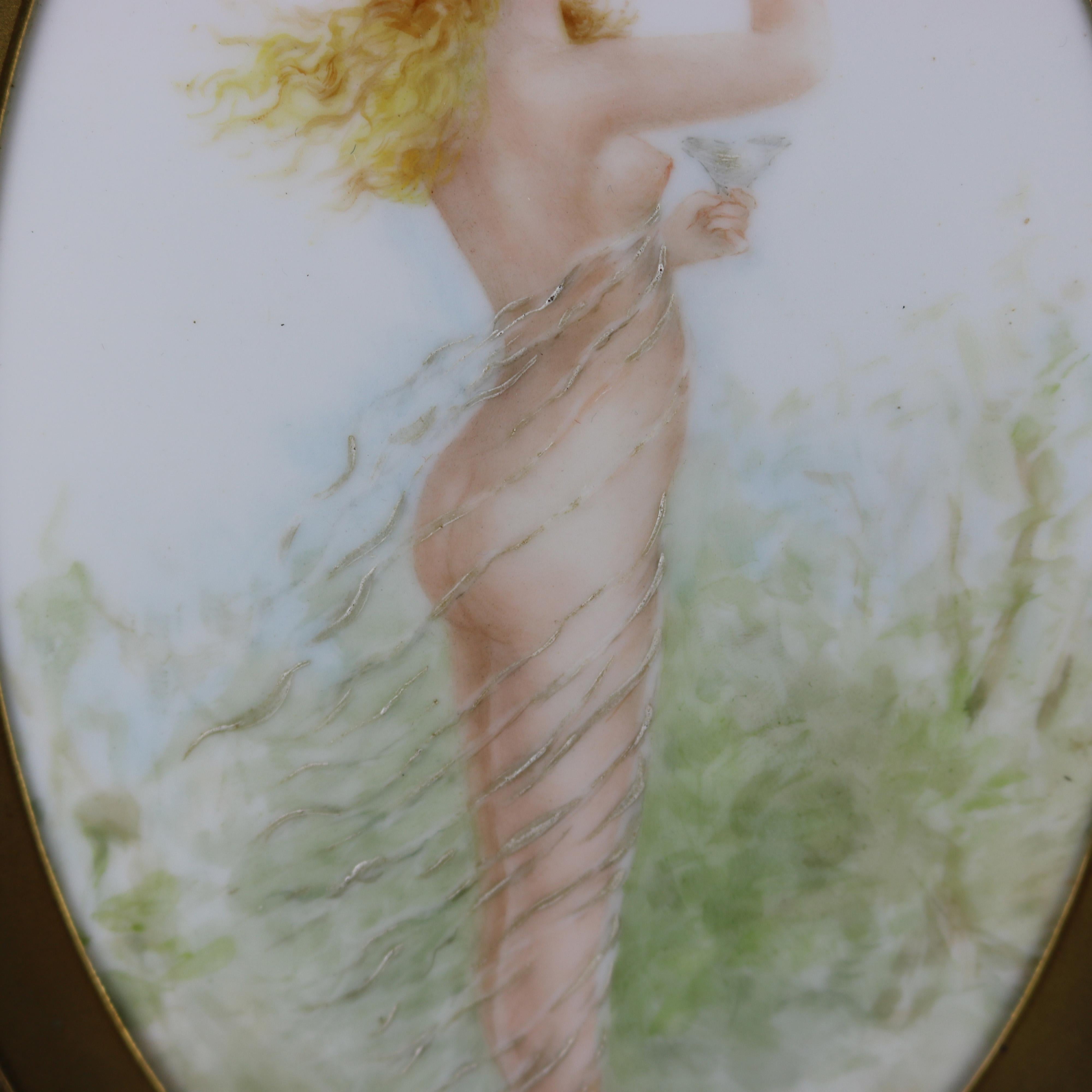 European Antique Framed KPM School Painting on Porcelain of Woman with Bubbles circa 1890