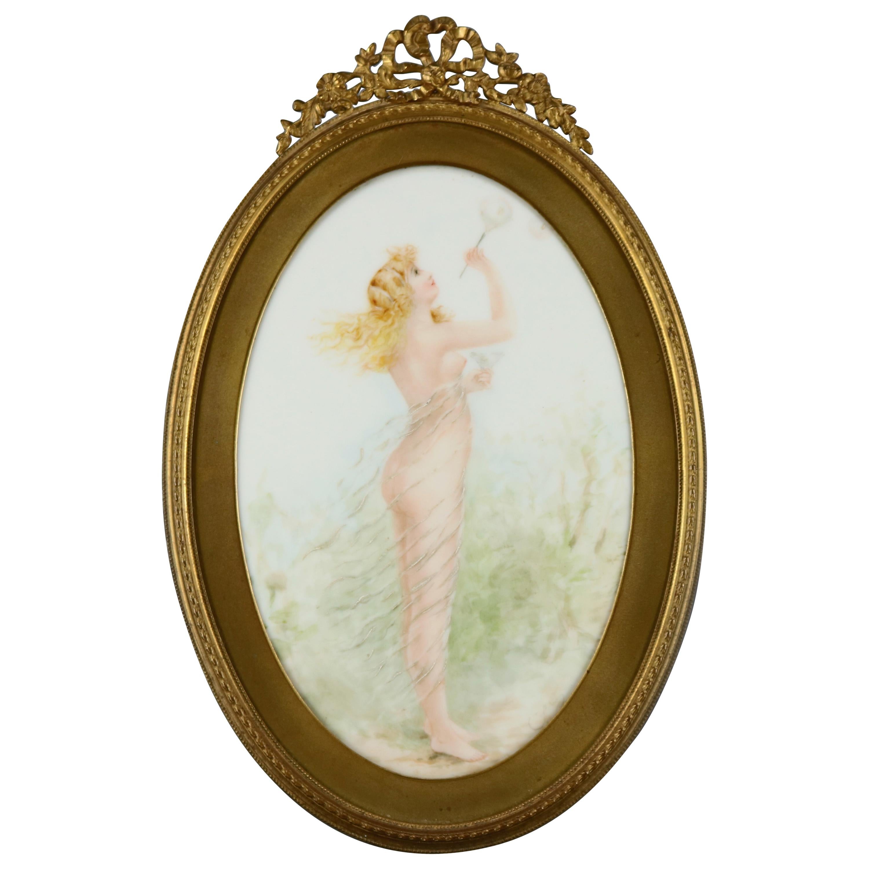 Antique Framed KPM School Painting on Porcelain of Woman with Bubbles circa 1890