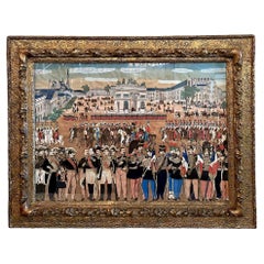 Antique Framed Mixed Media Painting of Napoleon III with His Troops, Circa 1870.