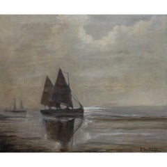 Antico dipinto ad olio nautico su pannello con cornice ~ Firmato