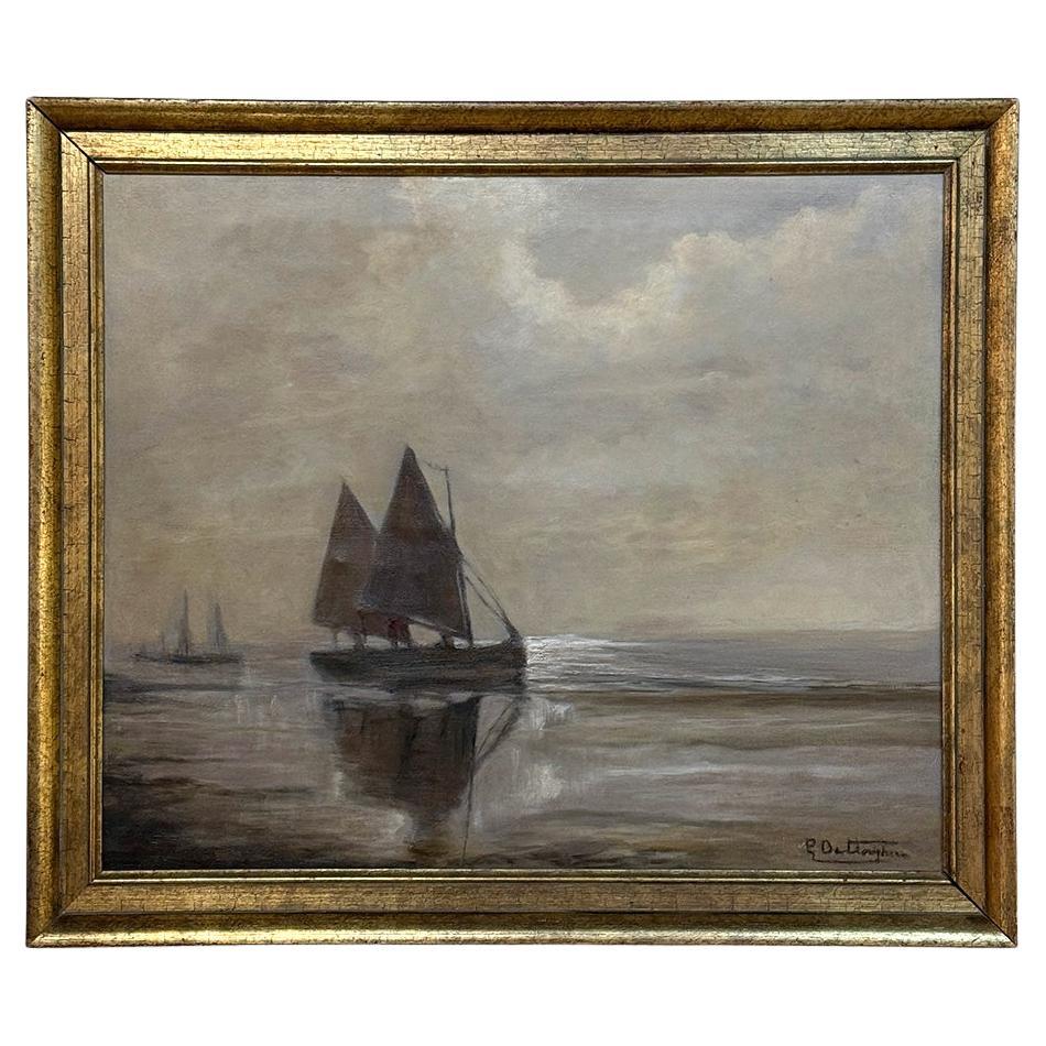 Peinture à l
huile nautique ancienne encadrée sur panneau ~ signée en vente