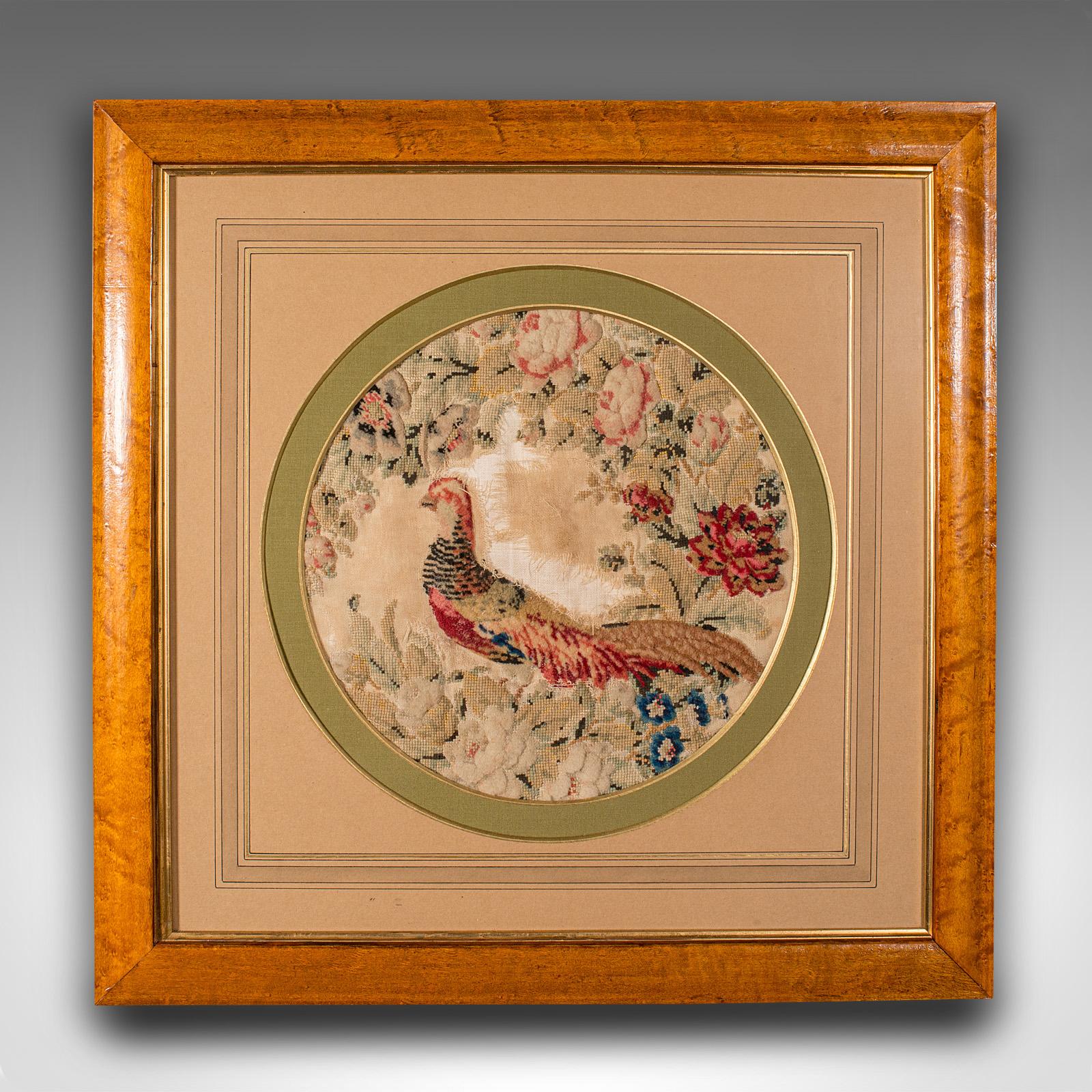 This is an antique framed needlepoint scene. An English, stump work tapestry panel, dating to the Victorian period and later, circa 1870.

Beautifully presented and professionally mounted tapestry scene
Displays a desirable aged patina with minor