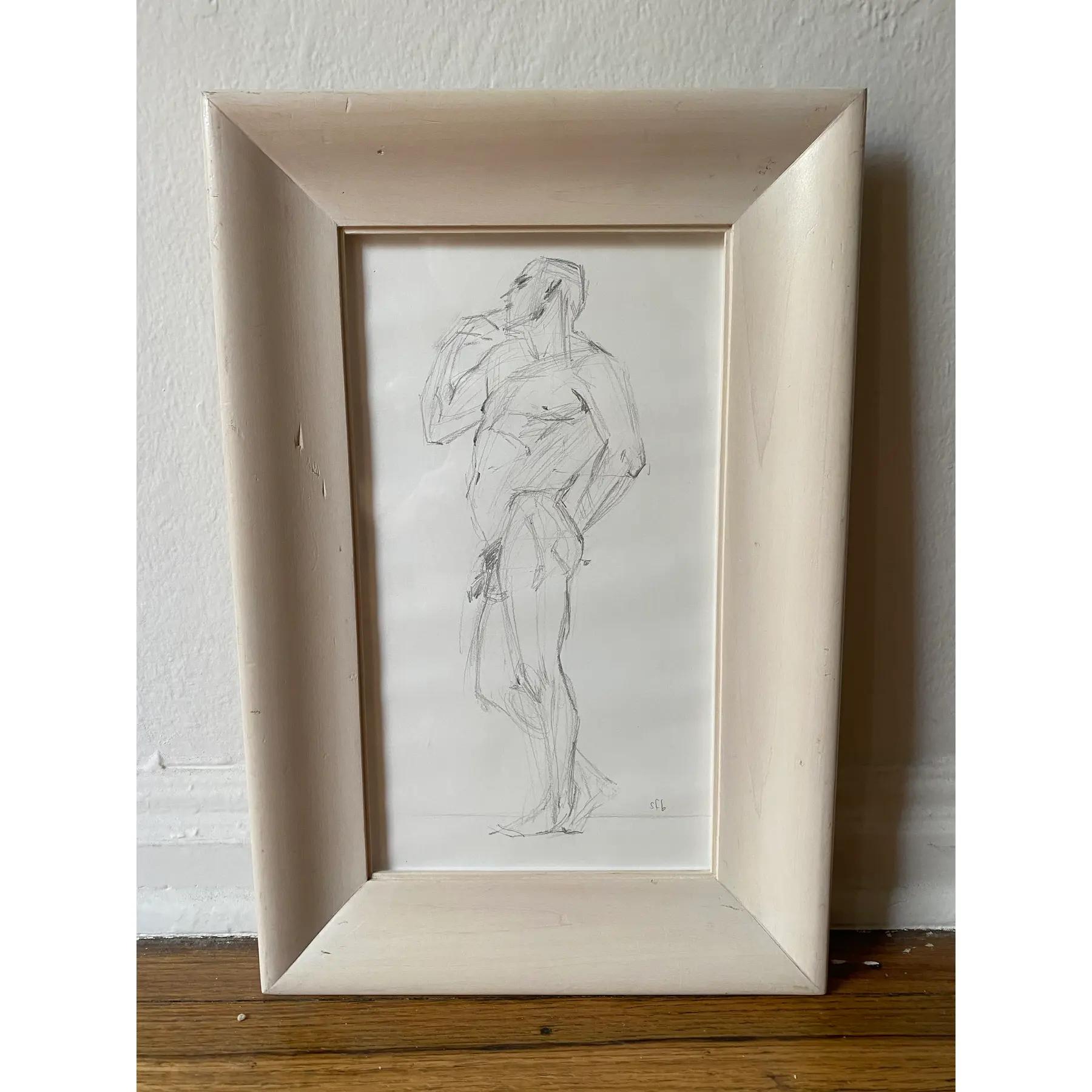 Antico schizzo in grafite di una figura maschile nuda, firmato Sfb. 
