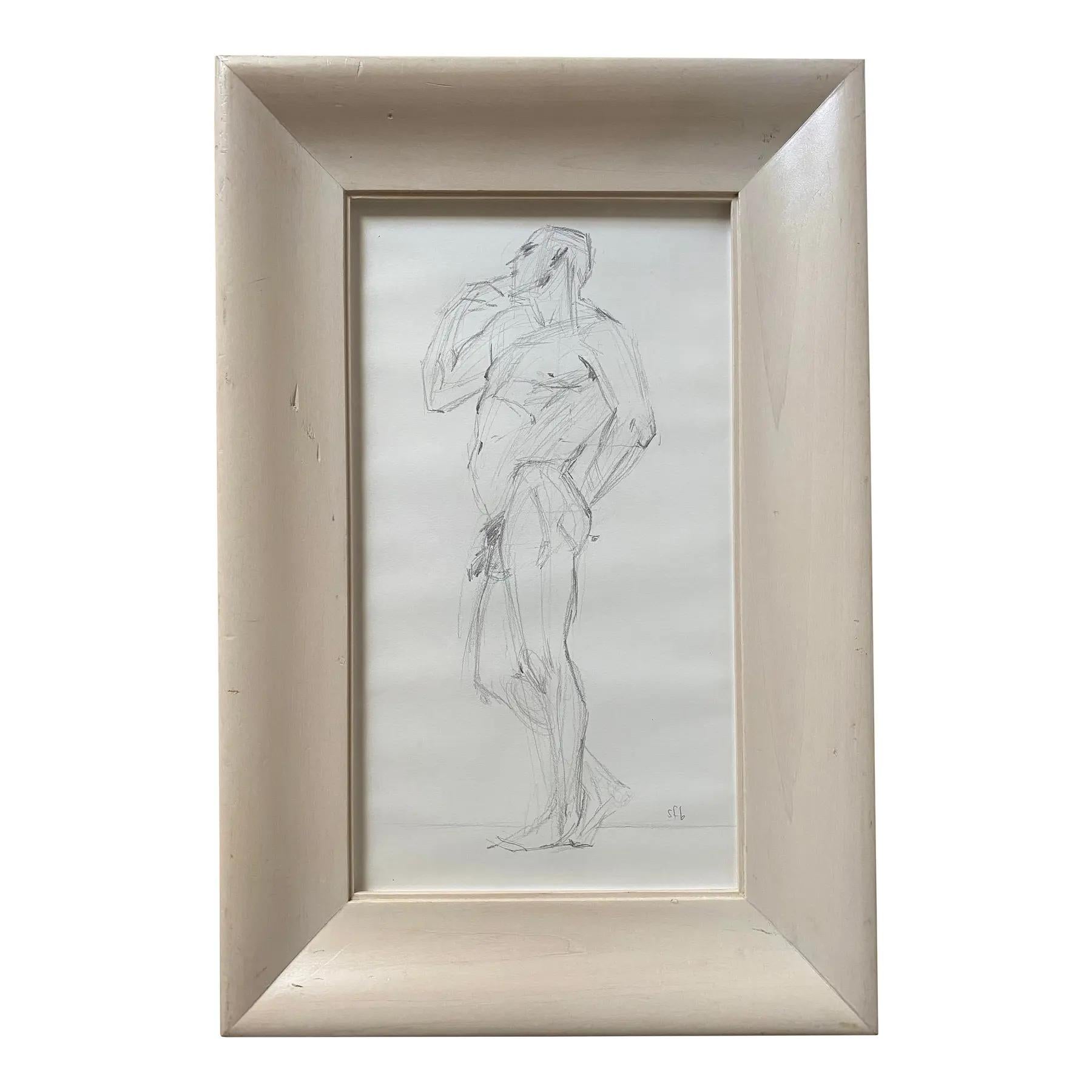 Carta Antica figura maschile nuda incorniciata, grafite su carta, firmata Sfb in vendita