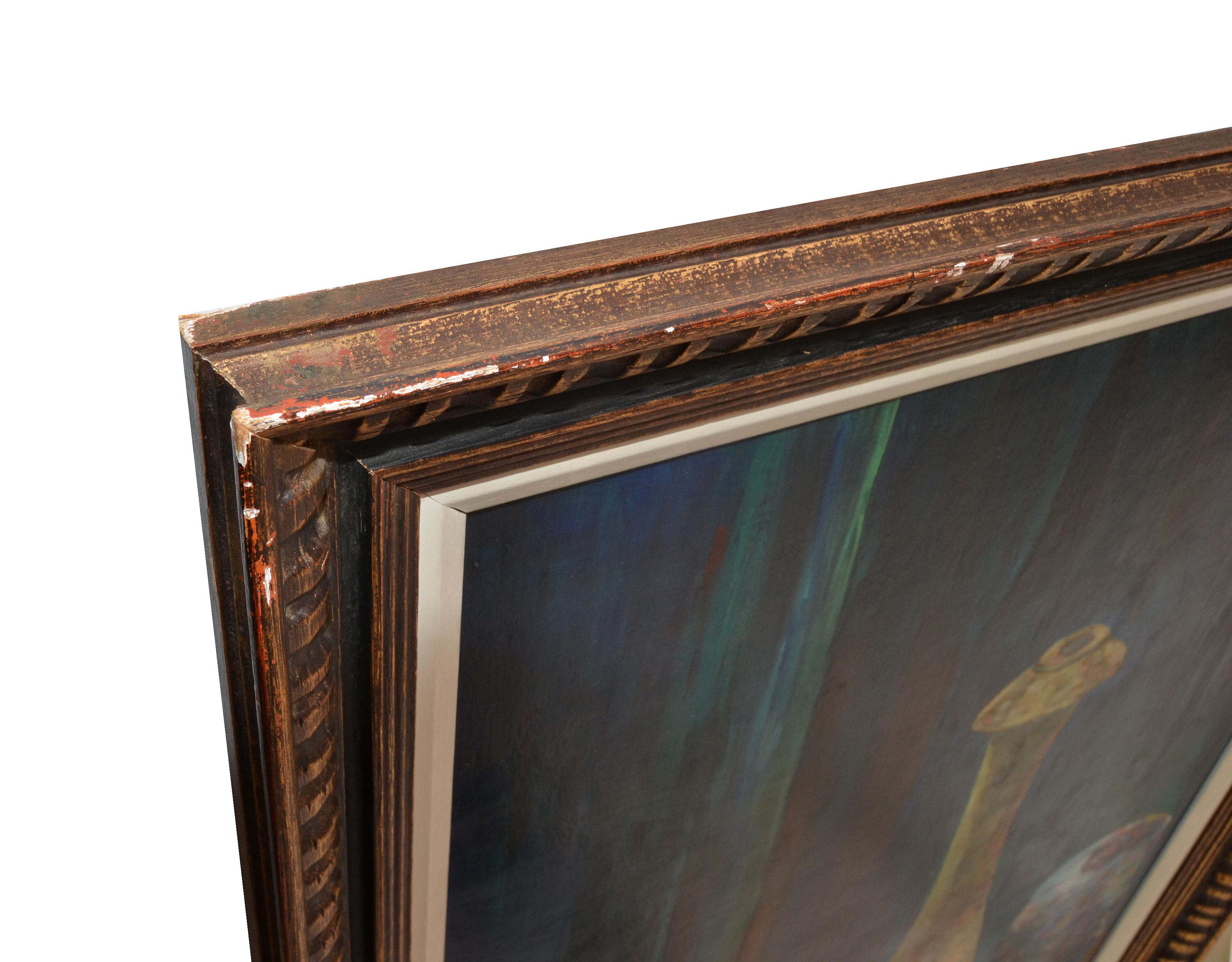 Pintura antigua al óleo sobre tabla enmarcada de tres vasijas de barro marcada por el artista 1950 en venta 3