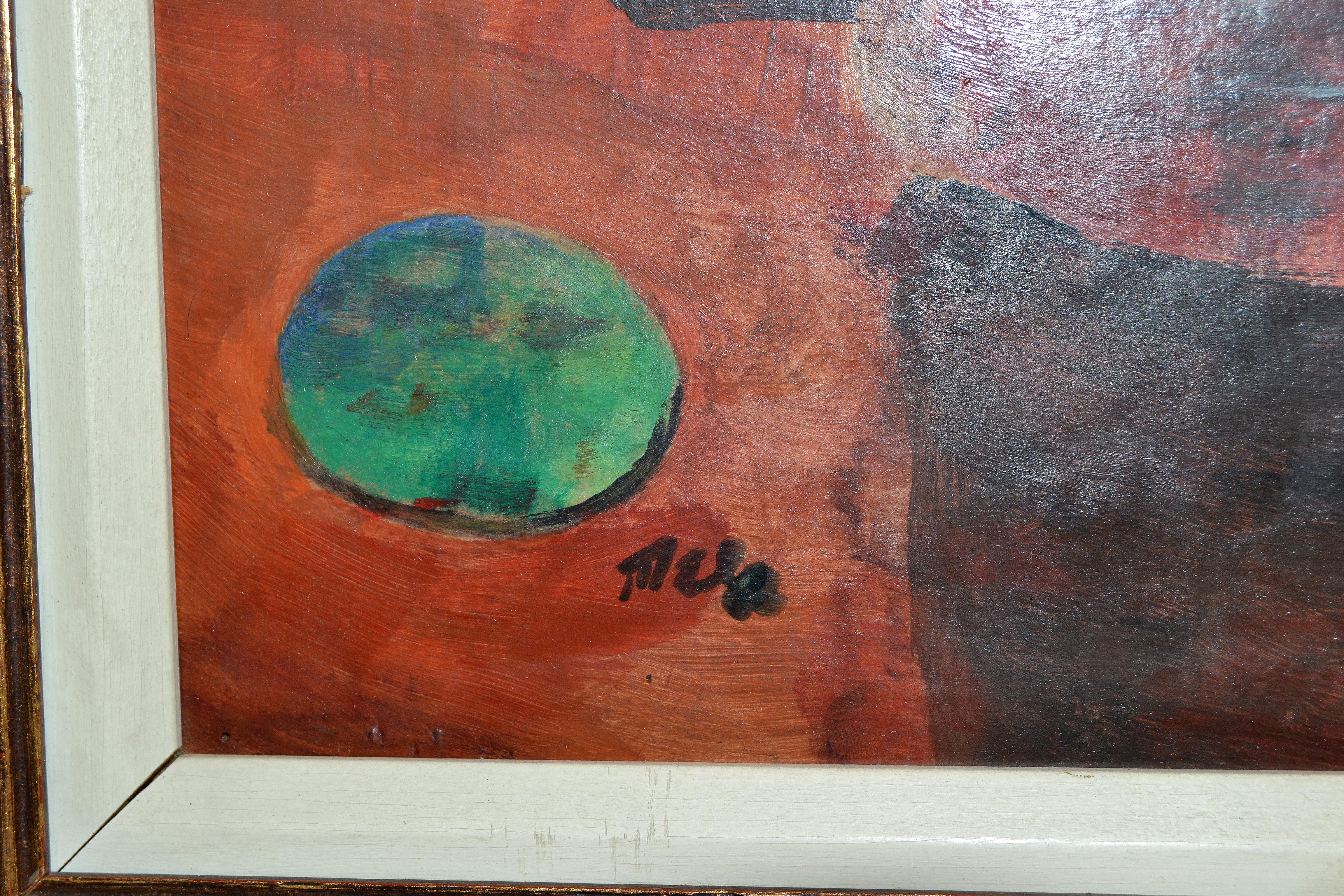 Pintura antigua al óleo sobre tabla enmarcada de tres vasijas de barro marcada por el artista 1950 en venta 4