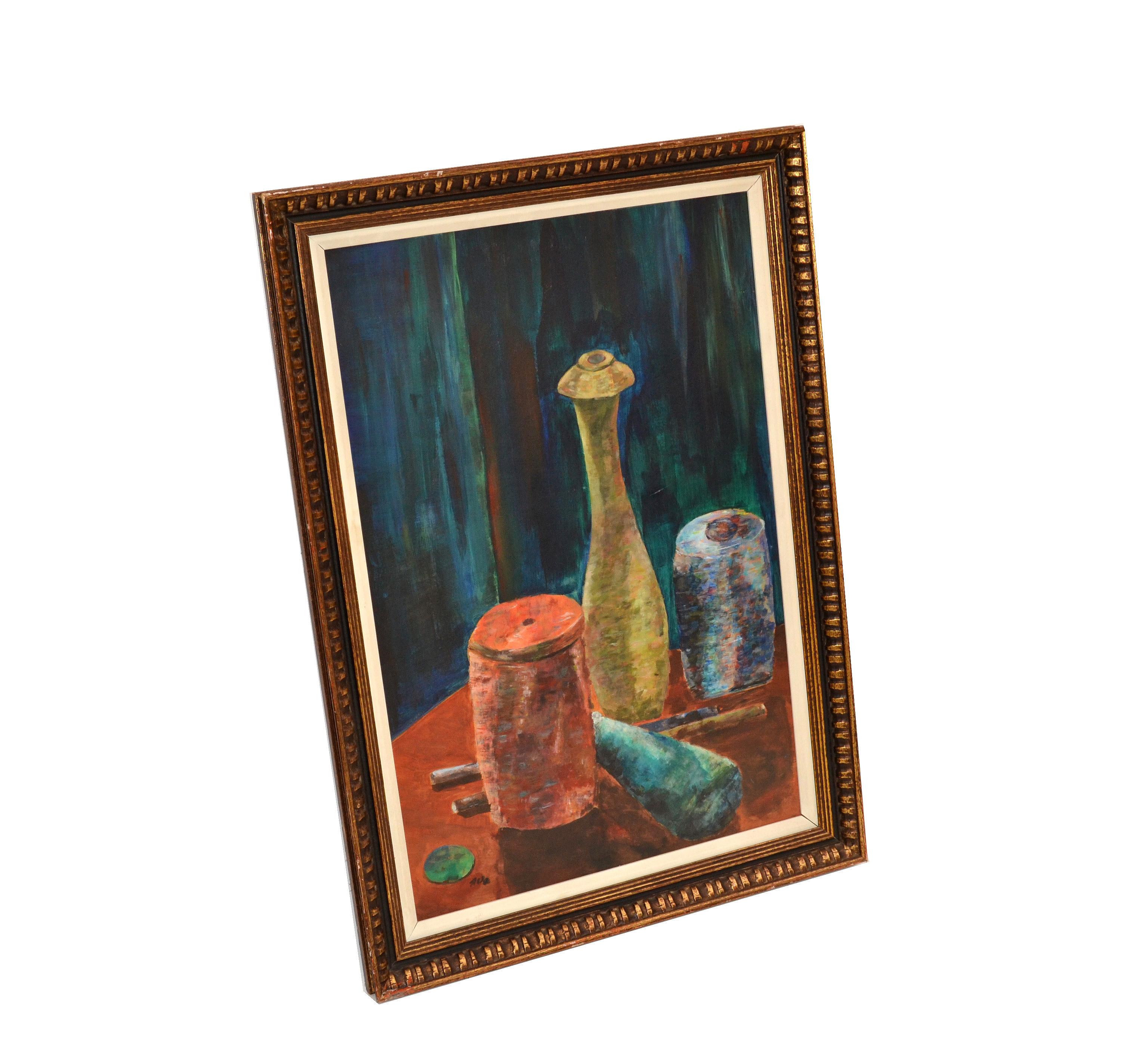 Pintura antigua al óleo sobre tabla enmarcada de tres vasijas de barro marcada por el artista 1950 en venta 5