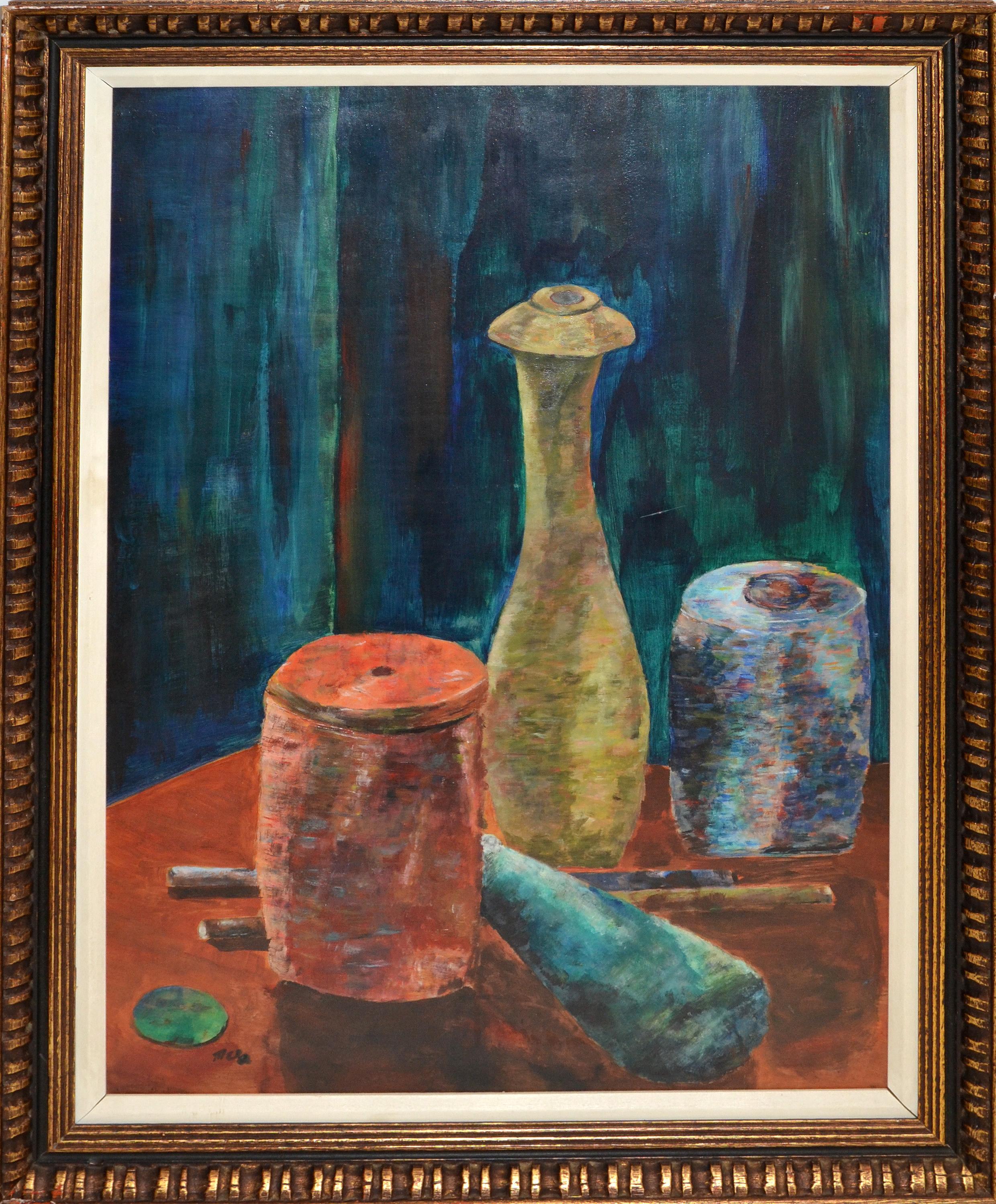 Óleo antiguo enmarcado sobre tabla muy antigua de 3 vasijas de cerámica.
Iniciales del Artista.
El cuadro sin el marco mide 19,38 x 29,5 pulgadas.

O-586-335
