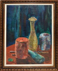 Pintura antigua al óleo sobre tabla enmarcada de tres vasijas de barro marcada por el artista 1950