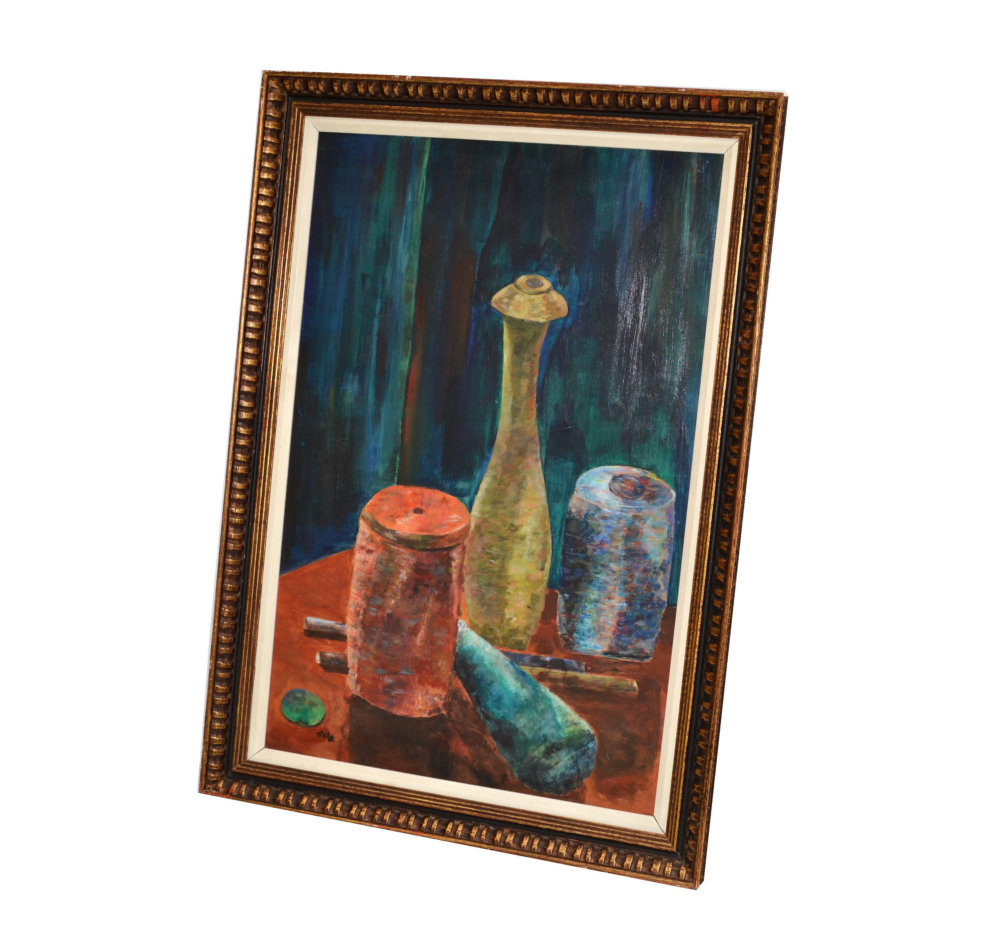 American Antique Framed Oil on Board Painting of Three Clay Vessels Marked by Artist 1950 For Sale