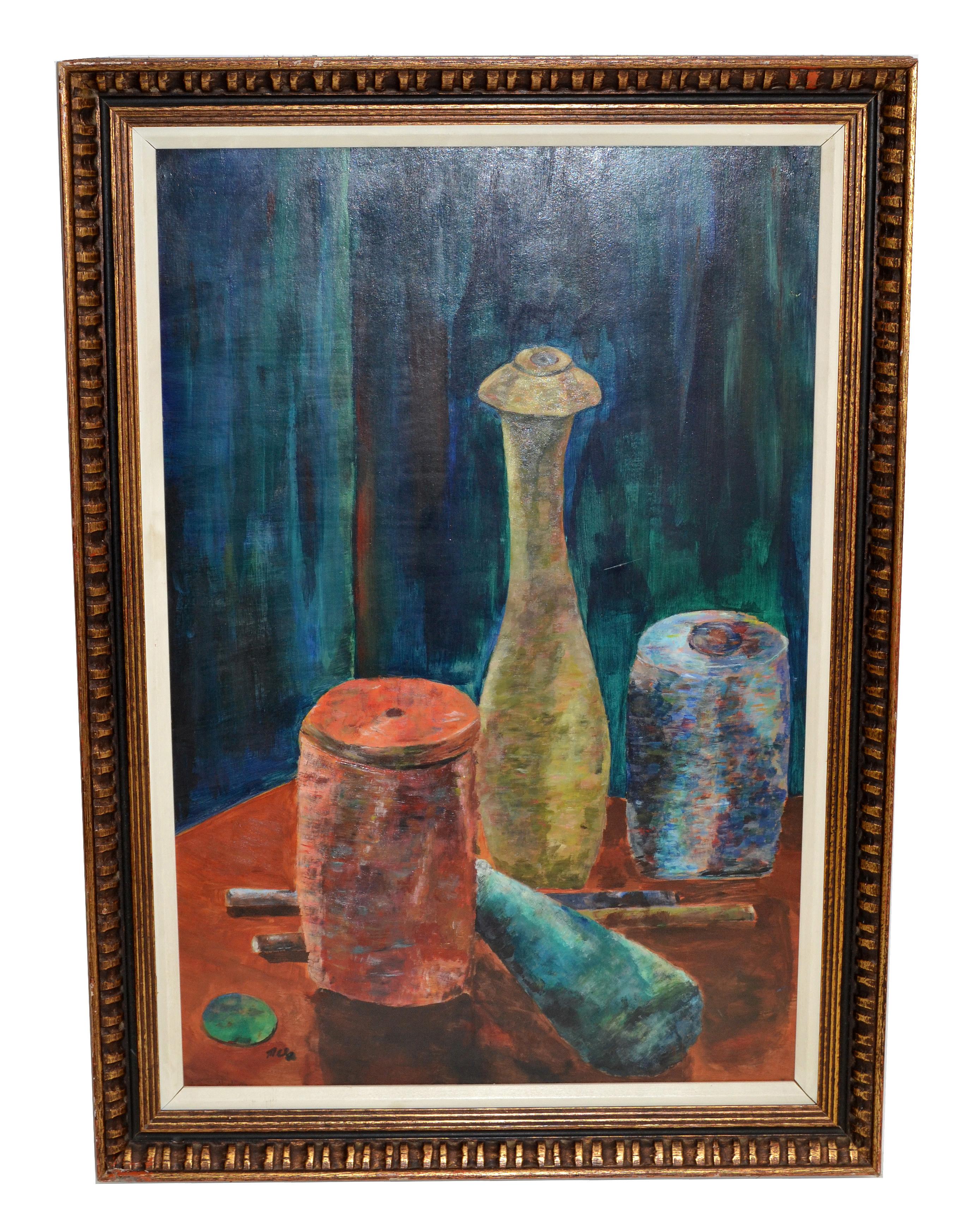 Hand-Painted Antique Framed Oil on Board Painting of Three Clay Vessels Marked by Artist 1950 For Sale