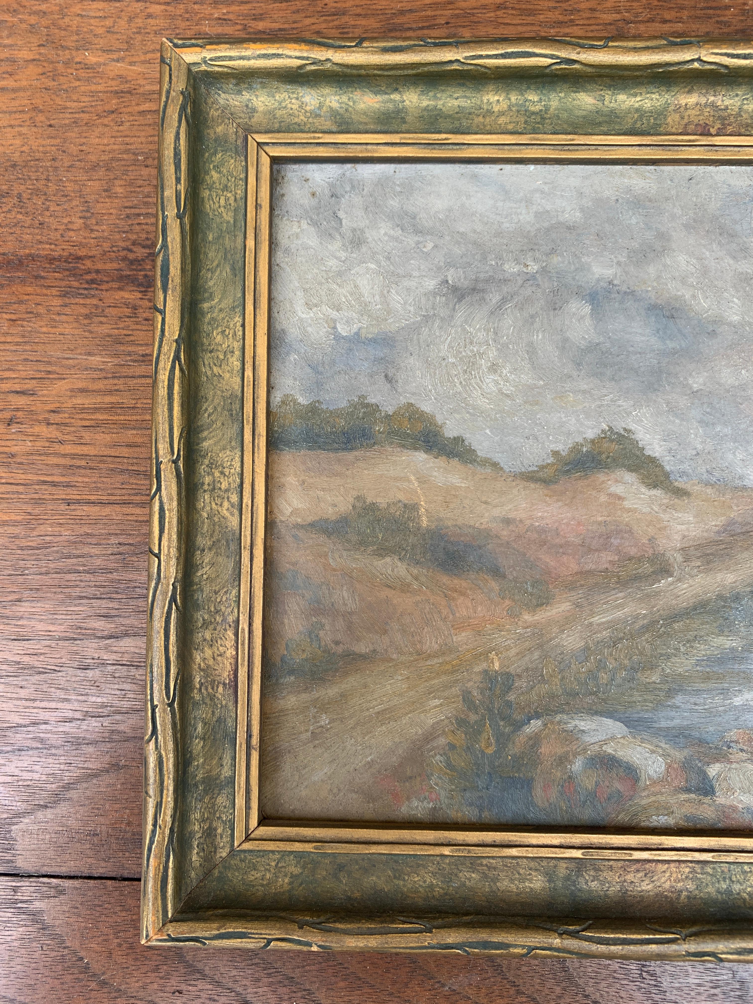 A beautiful antique hand-painted wood framed oil on board coastal landscape or seascape painting

USA, Early 20th Century

Measures: 9.63