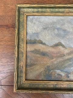 Pintura antigua al óleo sobre tabla Paisaje costero a orillas del mar