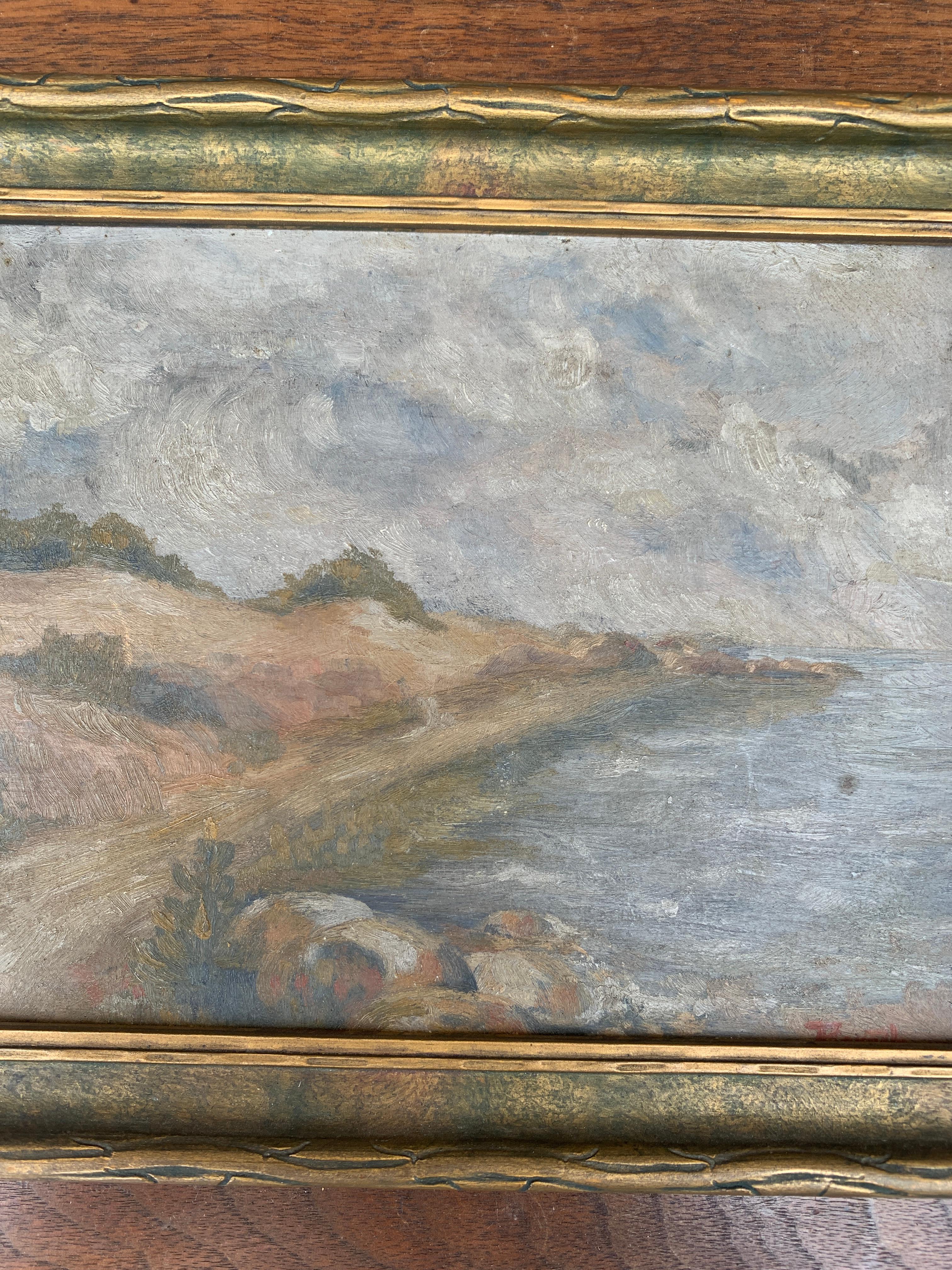 Country Antique Framed Oil on Board Seaside Coastal Landscape Painting For Sale