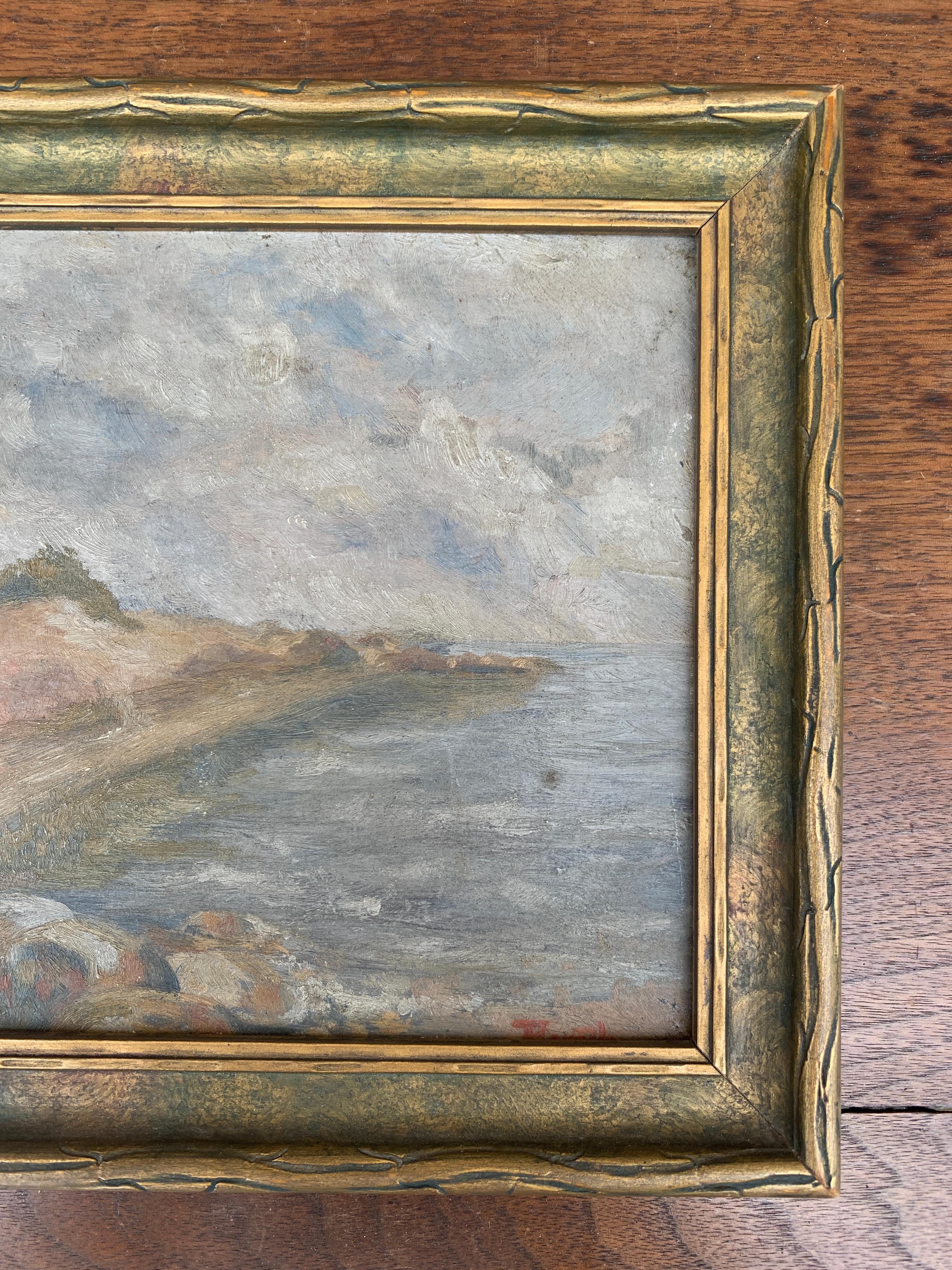 American Antique Framed Oil on Board Seaside Coastal Landscape Painting For Sale