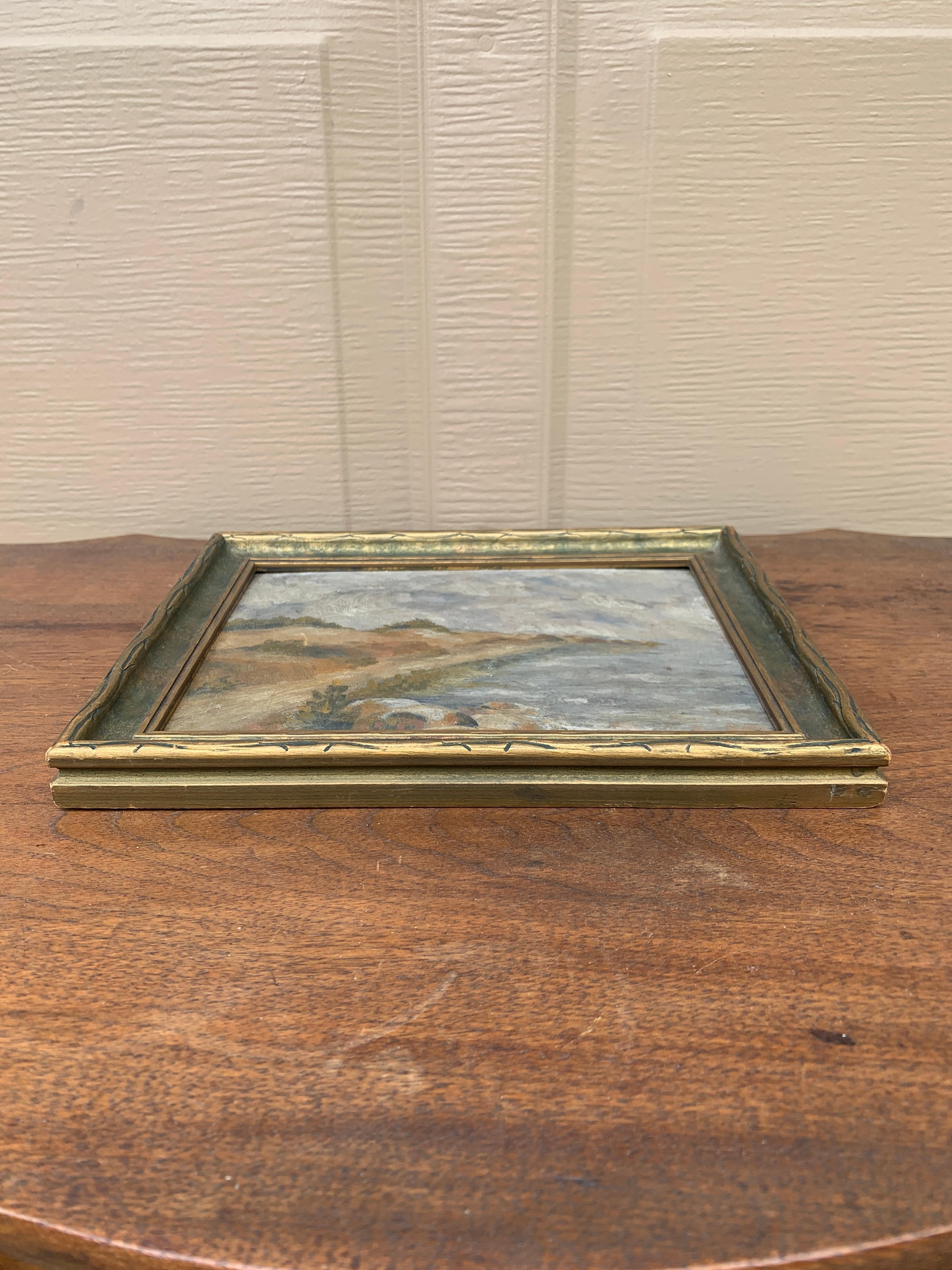 Antique Framed Oil on Board Seaside Coastal Landscape Painting In Good Condition For Sale In Elkhart, IN