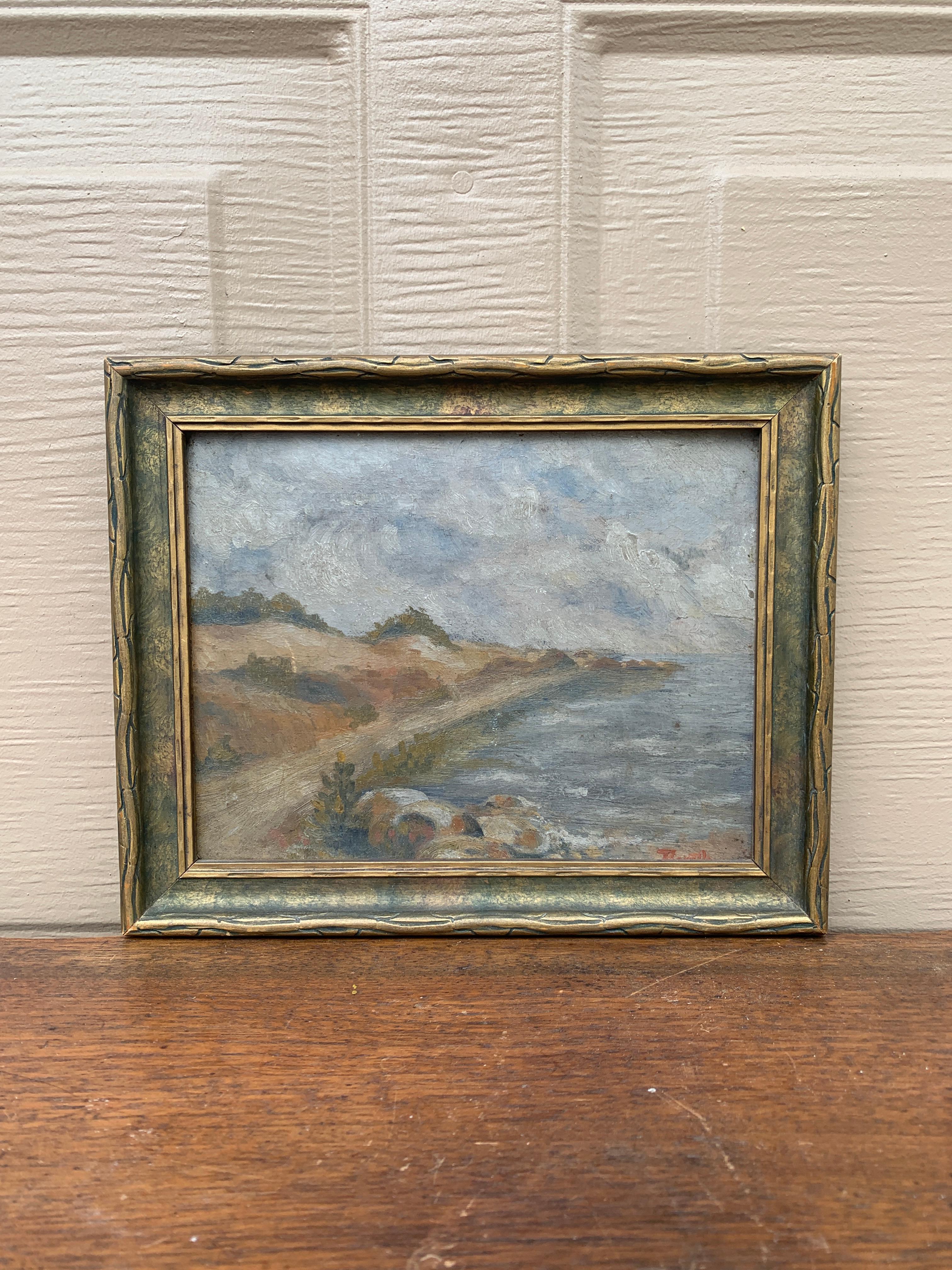 Wood Antique Framed Oil on Board Seaside Coastal Landscape Painting For Sale