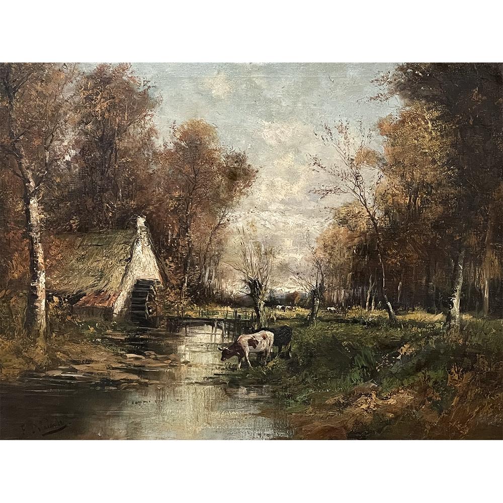 Antique Framed Oil Painting by Francois de Lalande is a splendid pastoral that combines forest, a riverbank, livestock and a quaint water wheel all in late fall colors. The artist draws the viewer into the scene, creating a yearning for a simple