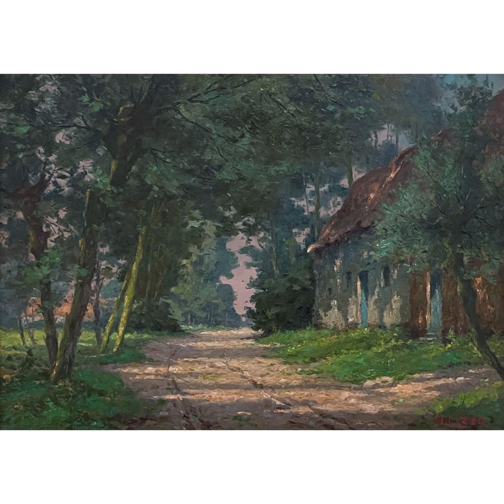Antique framed oil painting by Marcel Lizen (1887-1946) is an extraordinary landscape with charming architectural feature depicting an inviting country road that leads by a thatch-roofed cottage nestled amidst the forest. One can see a neighboring