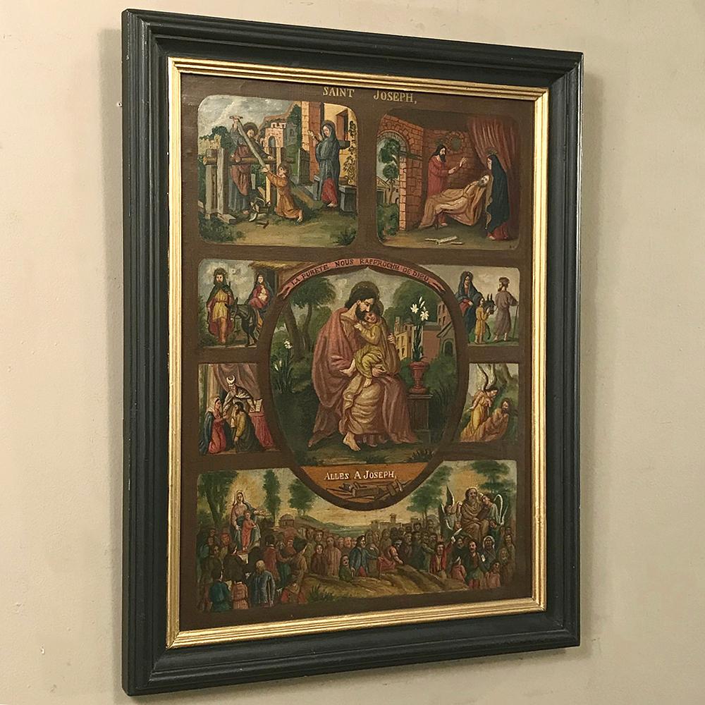 Antique Framed oil painting, Montage of Saint Joseph features various moments in history that are important to the Christian religion. The quaint depictions represent an act of devotion, and the work survives in its original frame,
circa early