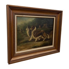 Tableau à l'huile ancien, encadré, représentant deux chiens de race Colli dans un paysage boisé.